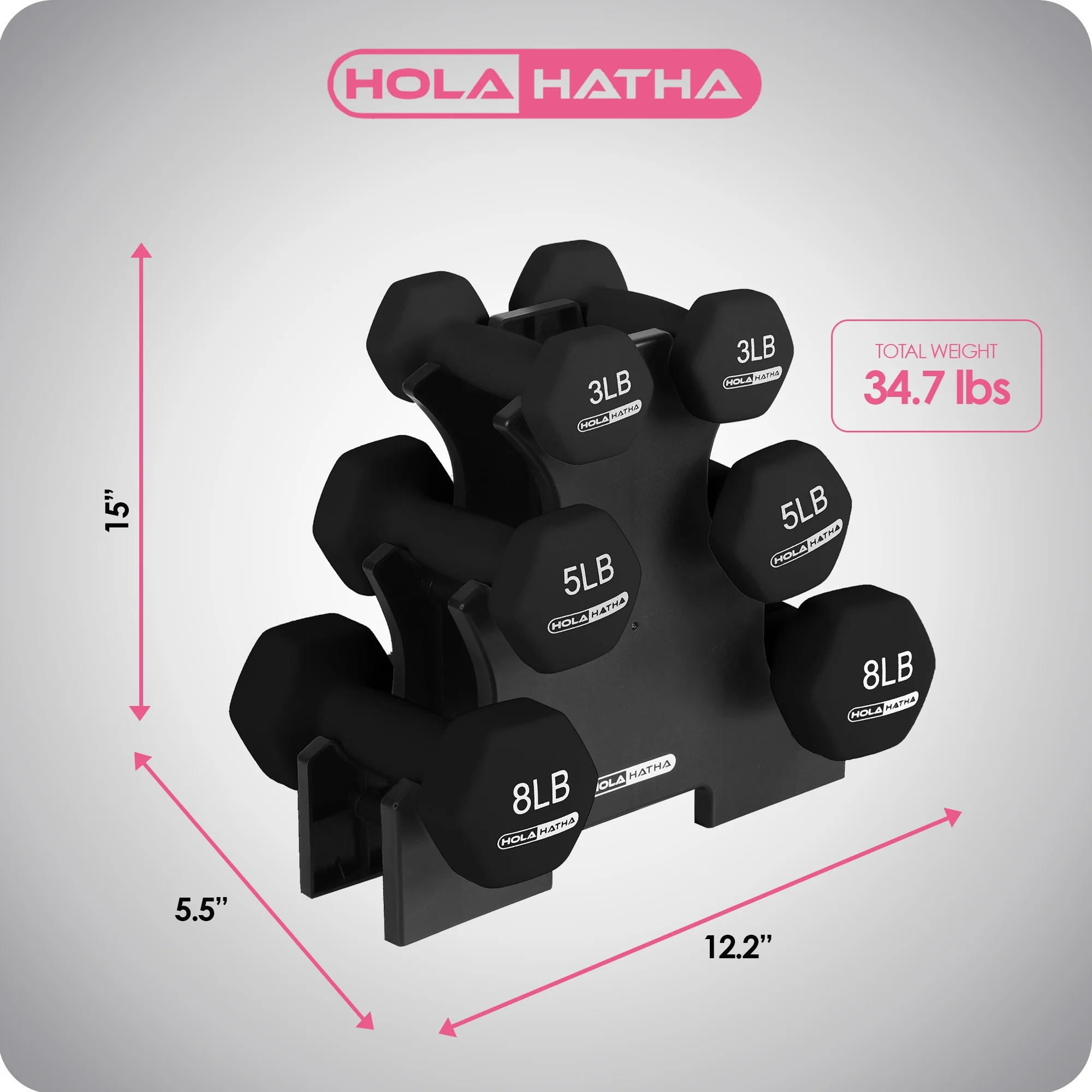 HolaHatha 3, 5, and 8 Pound Dumbbell Hand Weight Set with Storage Rack, Multi - Womvr