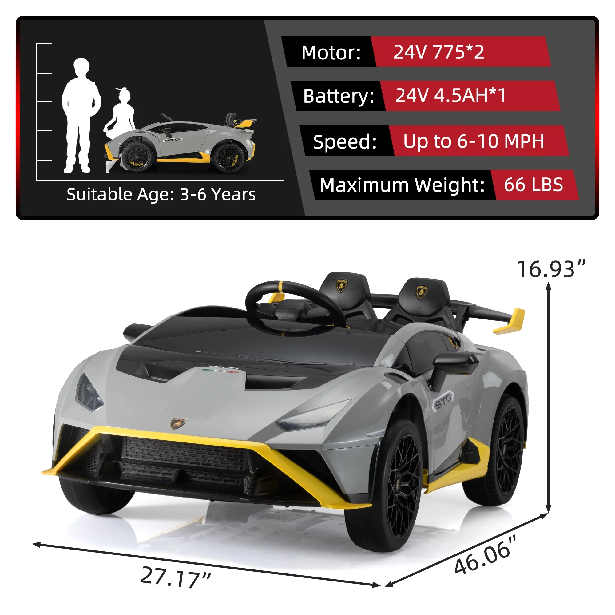 TOBBI 24V Lamborghini STO Licensed Kids Ride on Drift Car Gray Electric Car W/Remote Control LED Lights, up to 10 mph - Womvr