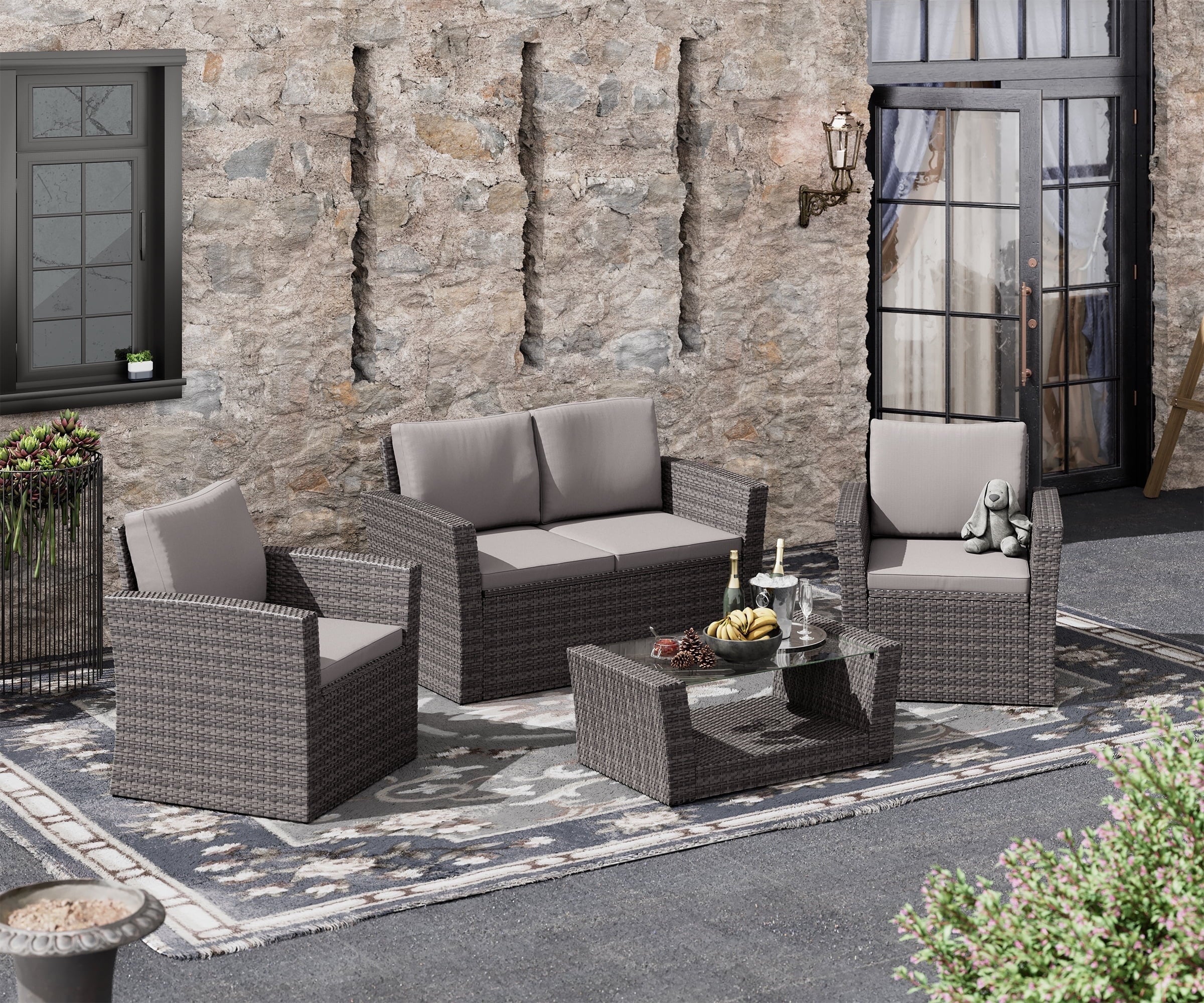 Bifanuo 4-Piece Patio Furniture Set Outdoor Rattan Wicker Sofa Set with Cushions & Coffee Table, Conversation Sofa Set with Tempered Glass Table Top - Womvr