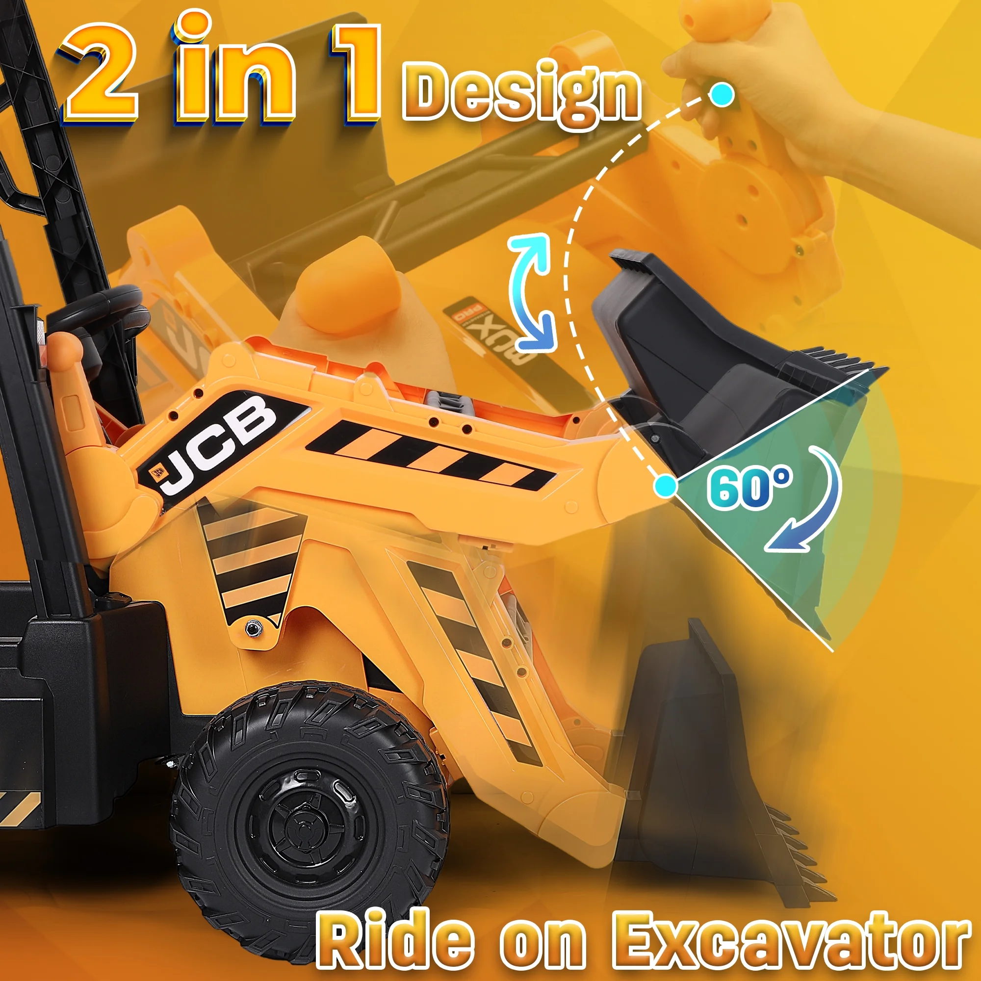 JCB 2 in 1 Kids Ride on Car Excavator & Bulldozer,Wisairt 12 V Battery Powered Electric Vehicle w/ Remote Control,Bucket,Digger,Handle(Yellow) - Womvr