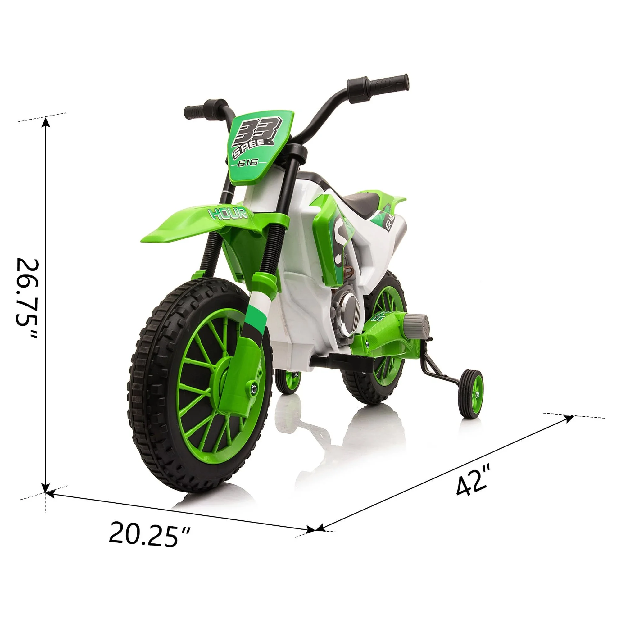 TOBBI 12V Kids Motorcycle off- Road Ride on Dirt Bike W/ Training Wheels, Age 3-8 Toddlers, Green - Womvr