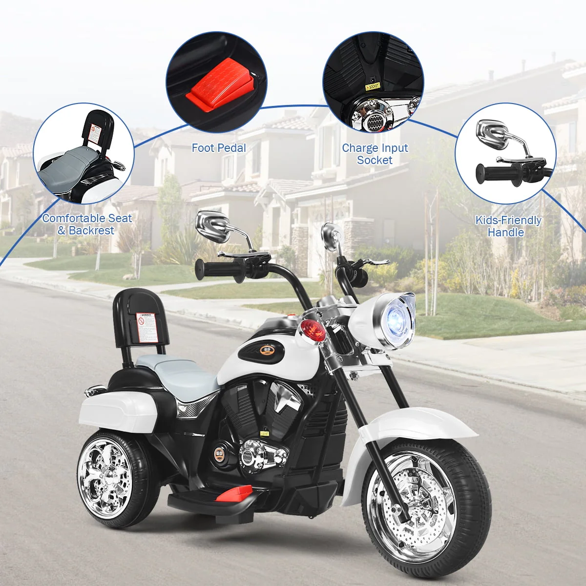 Costway 3 Wheel Kids Ride On Motorcycle 6V Battery Powered Electric Toy White - Womvr