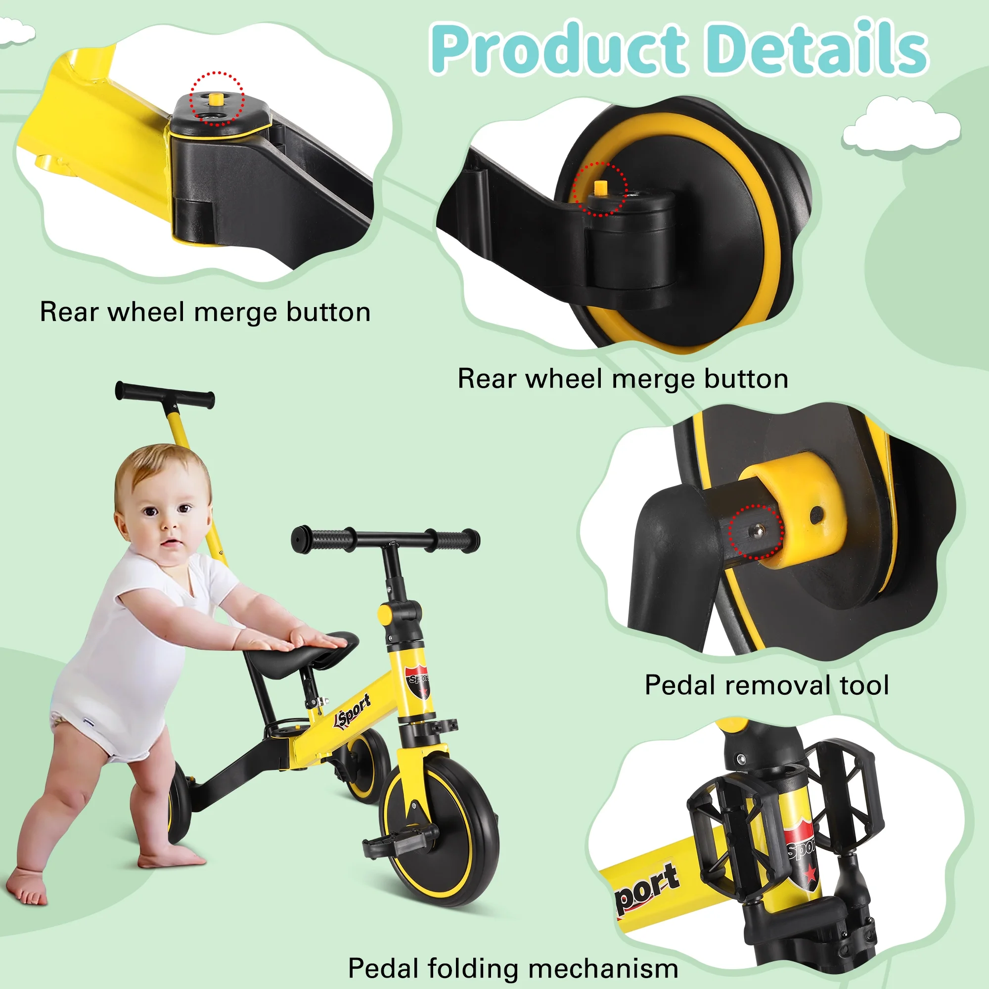RELOIVE 6 in 1 Kids Tricycle for 1-5 Years Old,Toddler Bike Kids Trike for Balance Training,Baby Bike for Boy Girl with Adjustable Seat Height and Removable Pedal,Yelllow - Womvr