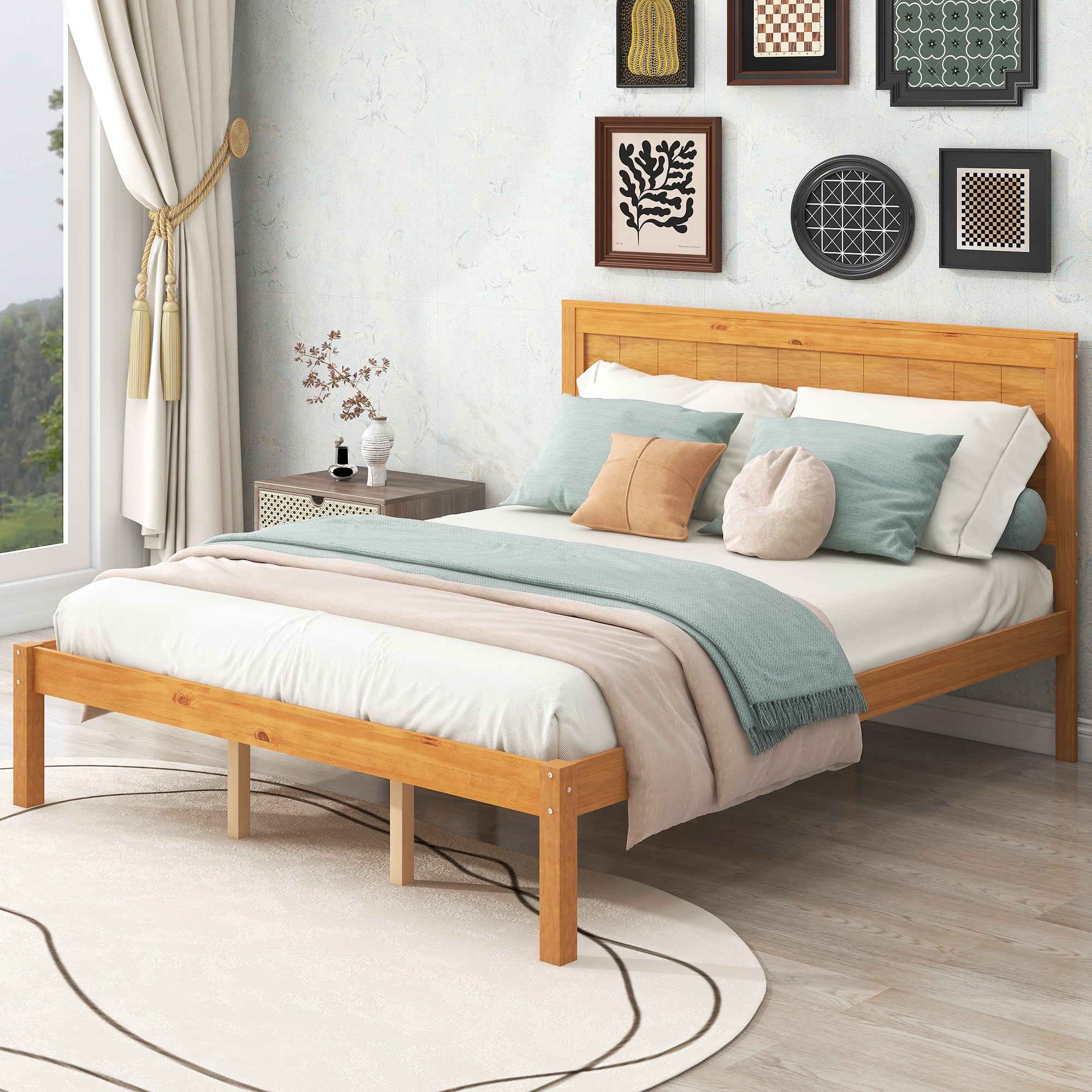 Platform Bed Frame with Headboard. Wood Slat Support. No Box Spring Needed. Queen. Oak - Womvr