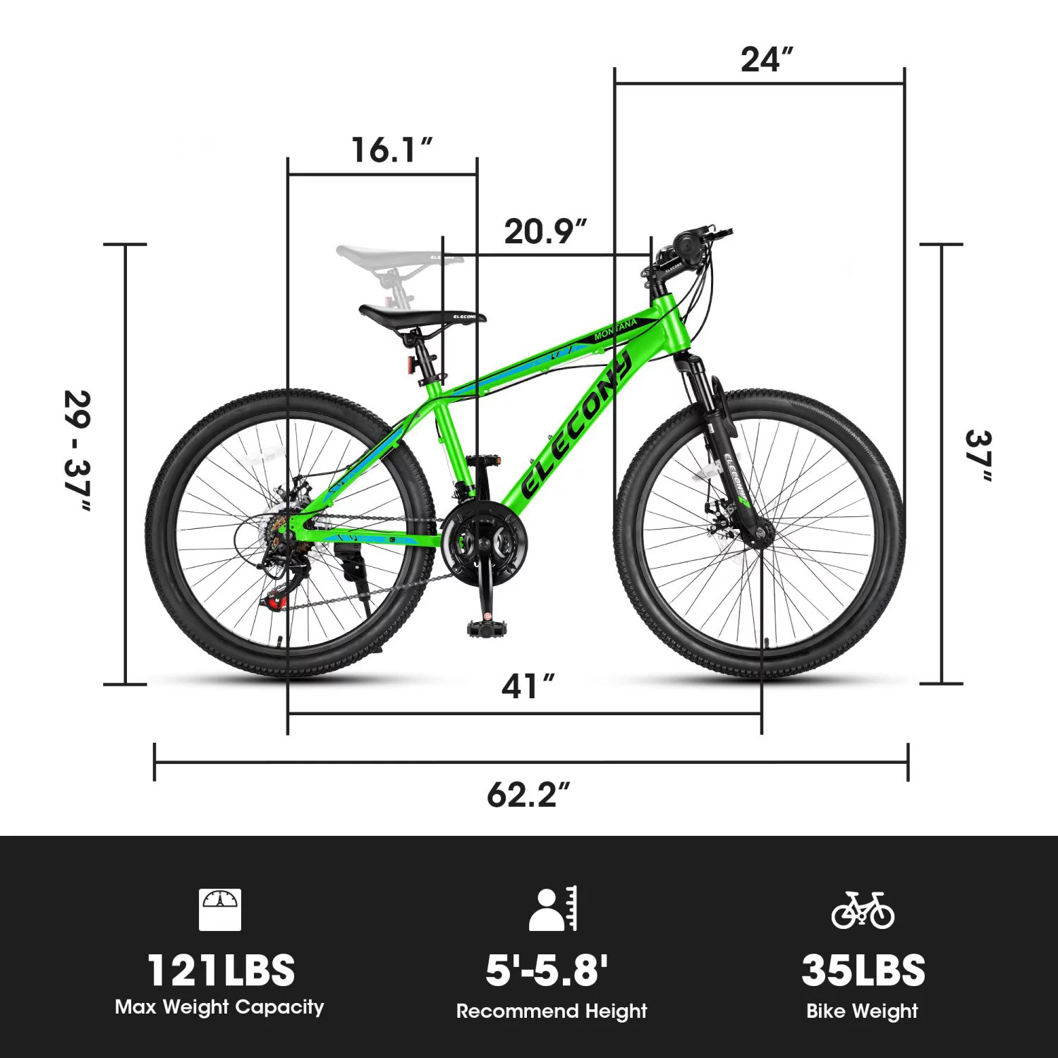 24 inch Mountain Bike, Shimano 21 Speed Drive, Dual Disc Brake, Front Suspension MTB For Boy Girl - Womvr