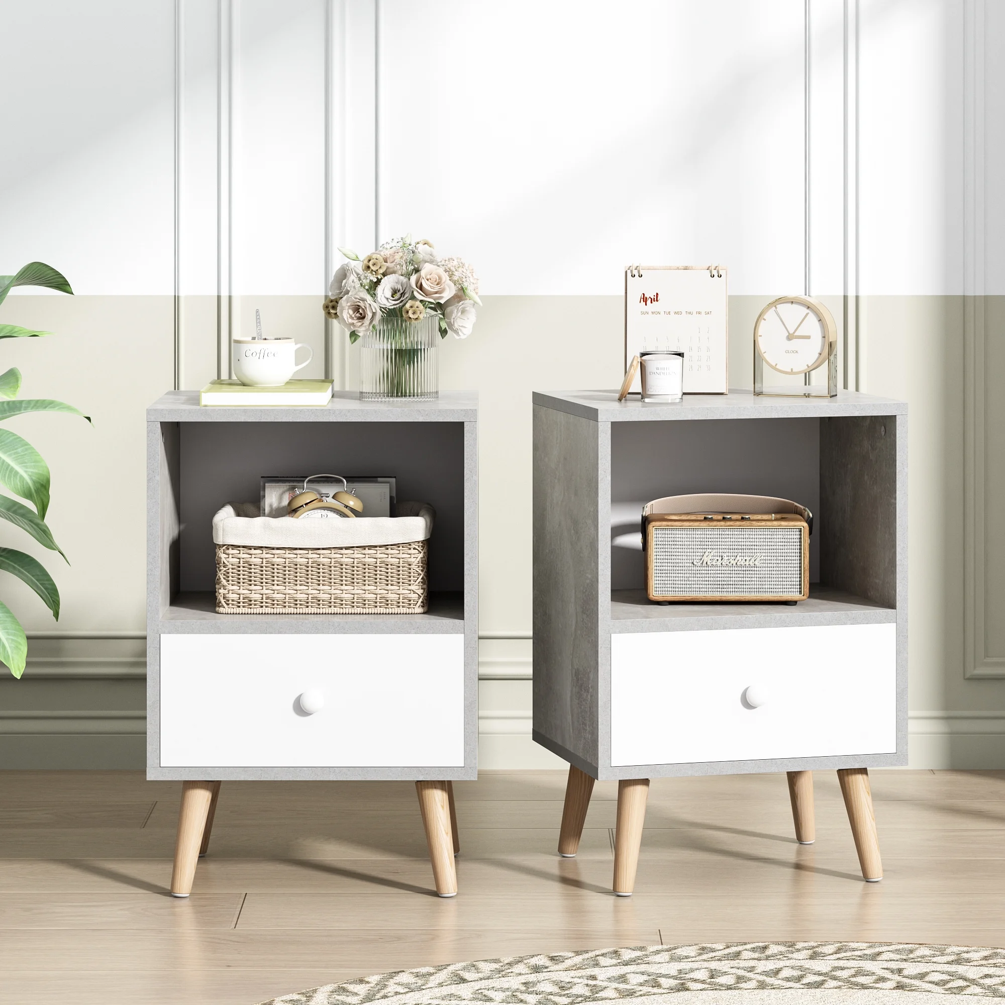JAXPETY Nightstands Set of 2, Night Stand with 1 Drawer and Open Shelf Storage, End Table, Side Table, for Bedroom, Living Room, Natural Wood & White - Womvr