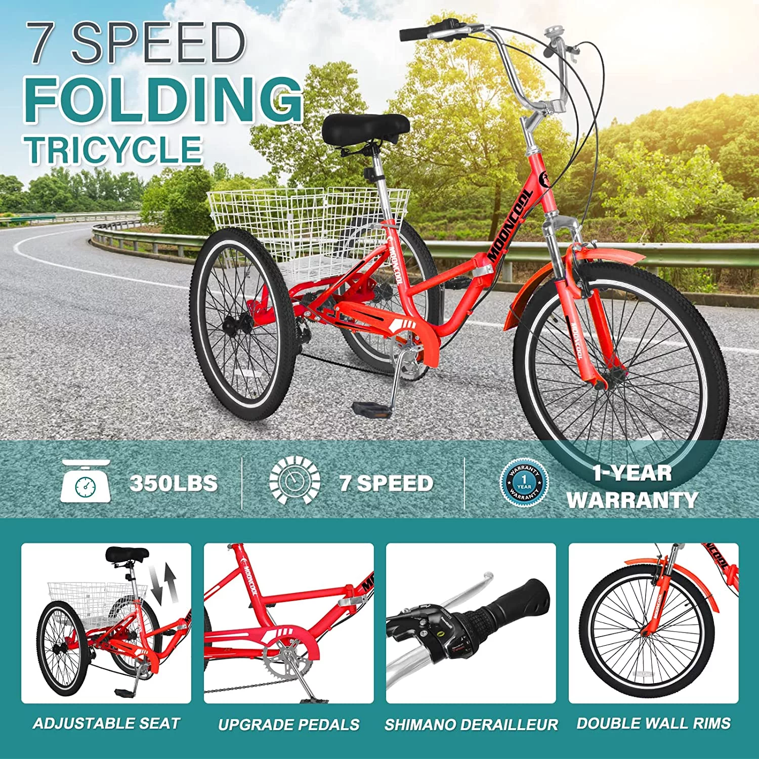 MOONCOOL Adult Folding Tricycle, 7 Speed 20/24/26 inch Adult Tricycles, Three Wheel Bike Cruiser Trike with Large Basket - Womvr