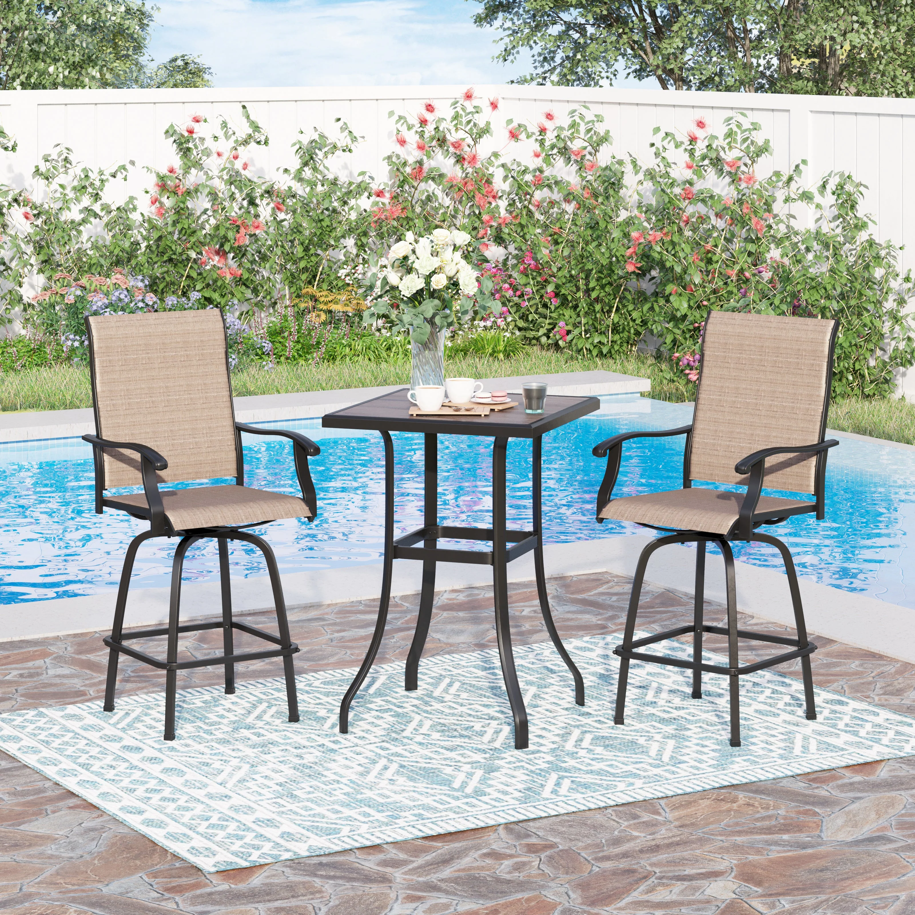 Sophia & William 2 Pcs Outdoor Swivel Metal Bar Stools Patio Height Textilene Chairs in Brown - Womvr