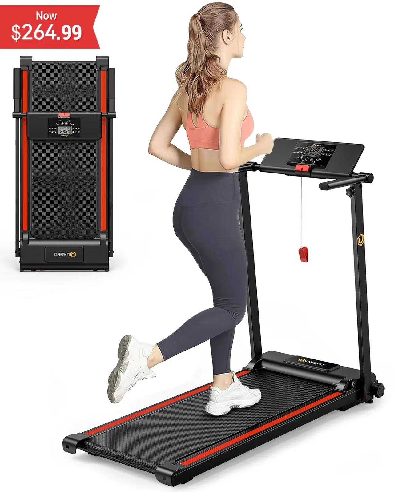 UREVO Folding Treadmill, 2.25HP Portable Mini Treadmills for Home Office, Compact Threadmill with 12 HIIT Modes, LCD Display, 265 lbs Capacity - Womvr