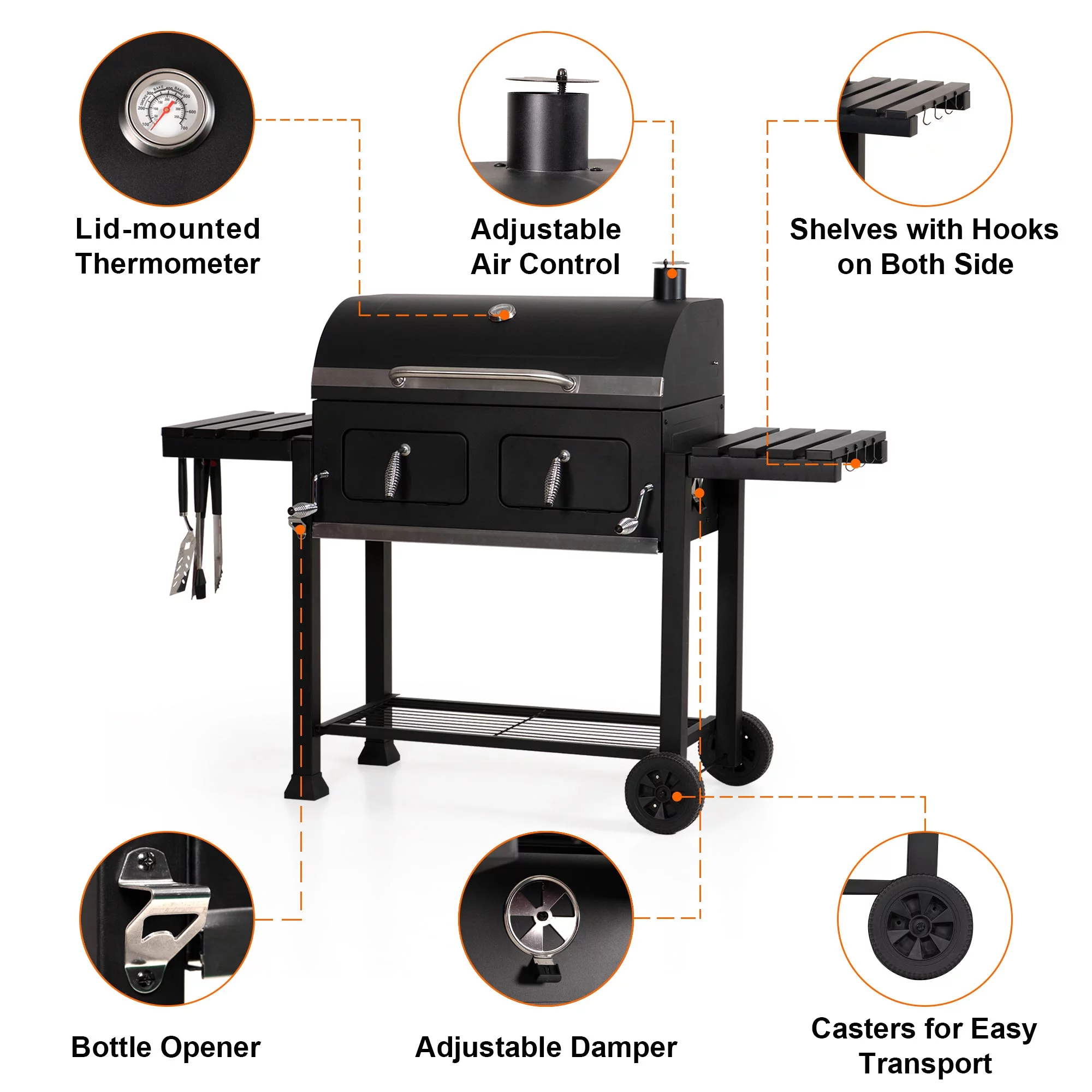 Alpha Joy 34-inch BBQ Charcoal Grill Outdoor Portable Barbecue Grill - Womvr