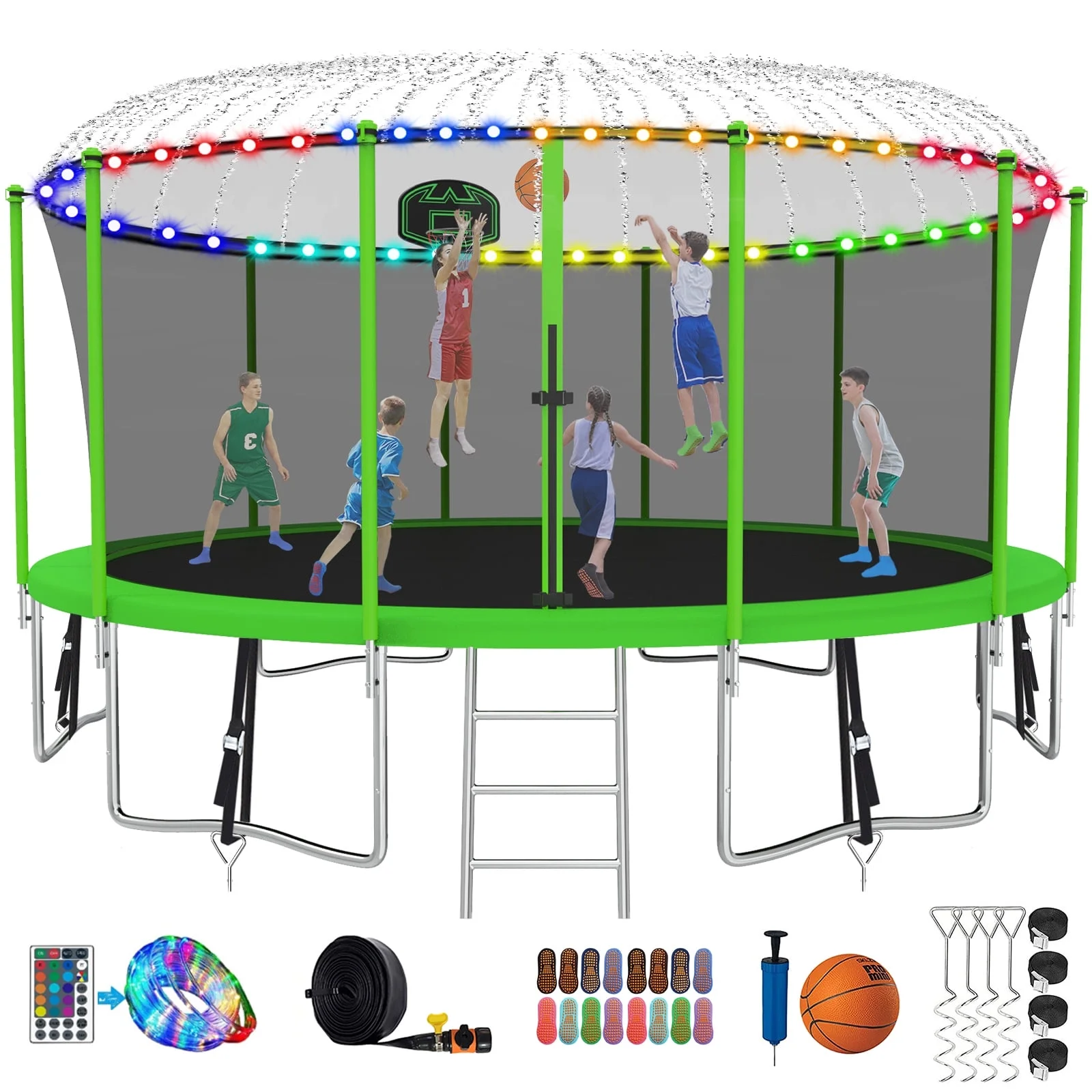 Kumix Trampoline with Enclosure, 1200LBS 12 14 15 16FT Trampoline for Kids Adults, Trampoline with Basketball Hoop, Lights, Sprinkler and Socks, Outdoor Heavy Duty Trampoline - Womvr