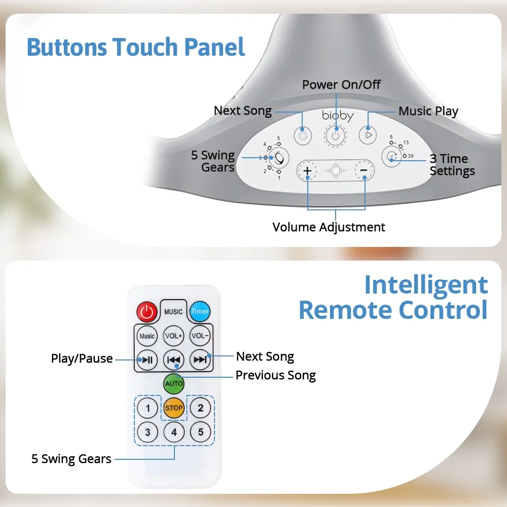 Electric Baby Swing, Bioby Infant Swing Chair Rocker with Remote Control, 5 Swing Speeds, Seat Belt, Bluetooth Music, Grey - Womvr