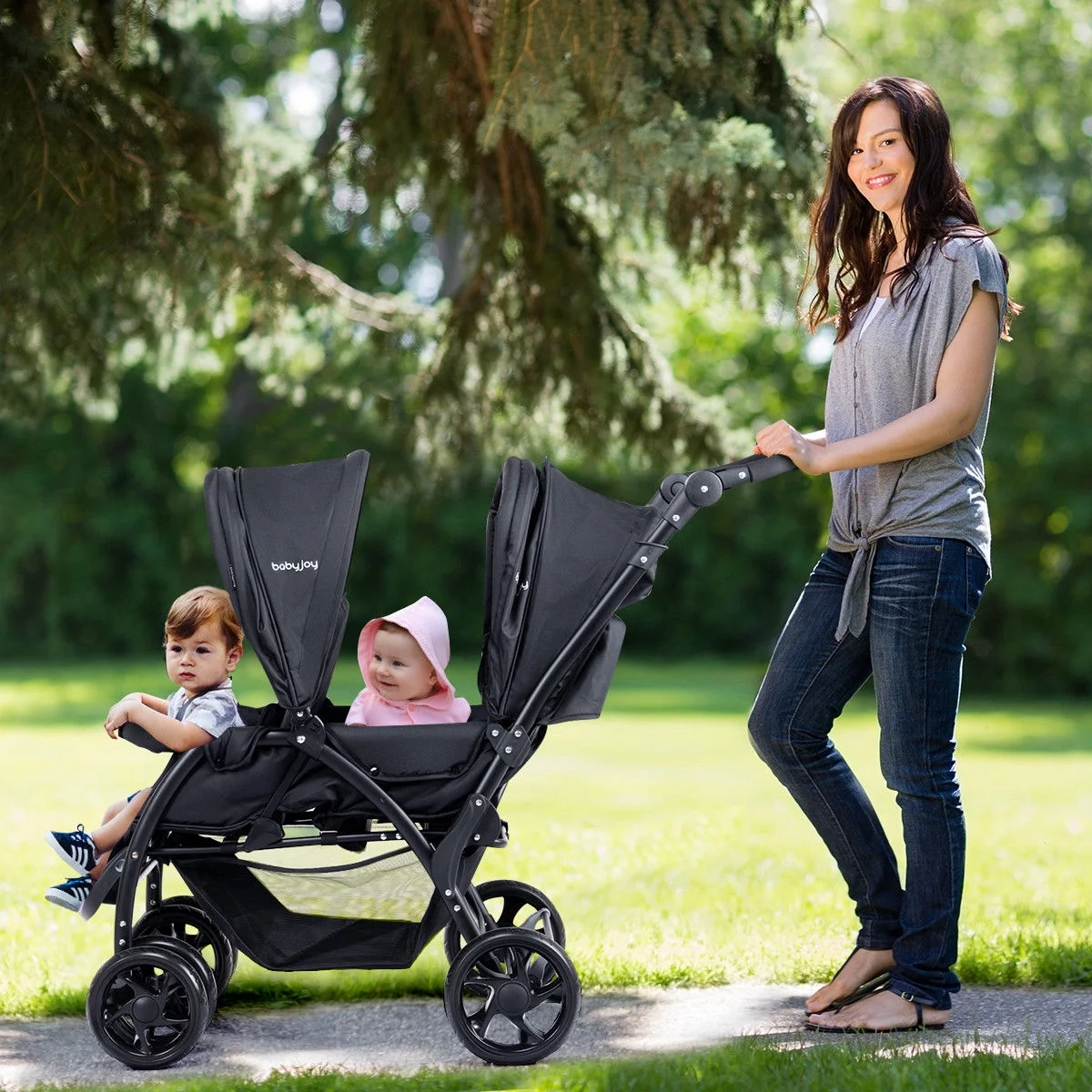 Babyjoy Double Stroller Foldable Baby Twin Lightweight Travel Stroller Infant Pushchair Black - Womvr