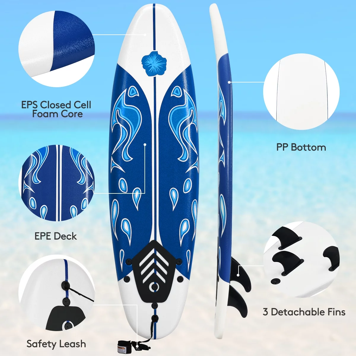 Topbuy 6' Surfboard Inflation-free Long Surfing Board with Safety Leash White - Womvr