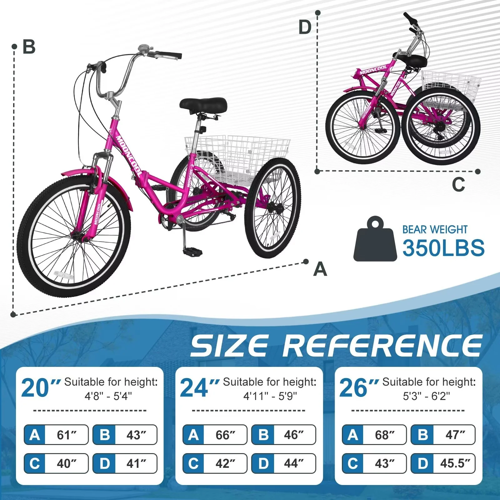 MOPHOTO 20/24/26 inch Adult Tricycle Folding 3 Wheel Cruiser Bikes 7 Speed, Portable and Foldable Trikes with Cargo Basket for Men & Women Outdoor Cycling, Purple - Womvr