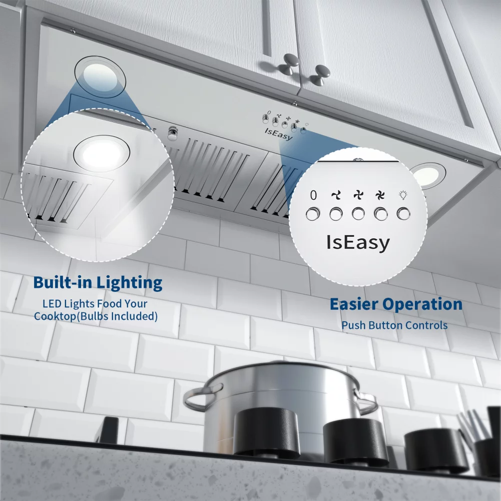 Range Hood 30 inch, IsEasy Wall Mount Vent Hood 500 CFM with Ducted Convertible Ductless Kitchen Hood in Stainless Steel, 3 Speed Exhaust Fan, LED Lights - Womvr