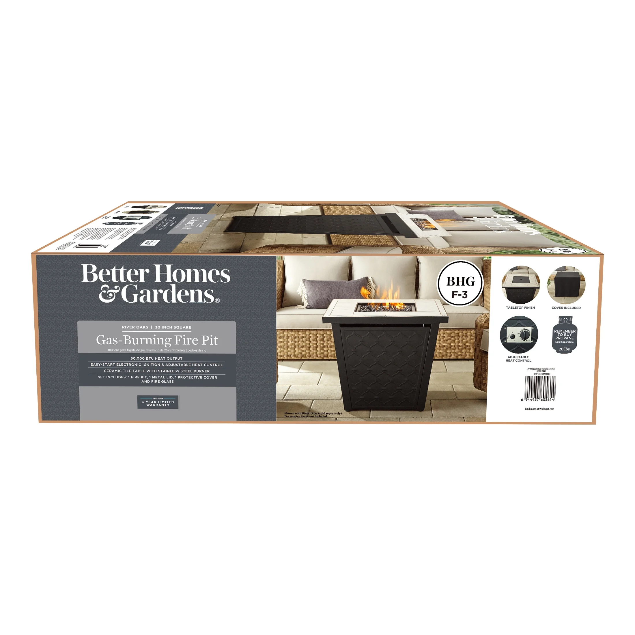 Better Homes & Gardens River Oaks 30��  Square Tile Top Gas Fire Pit Table with 50,000 BTU - Womvr