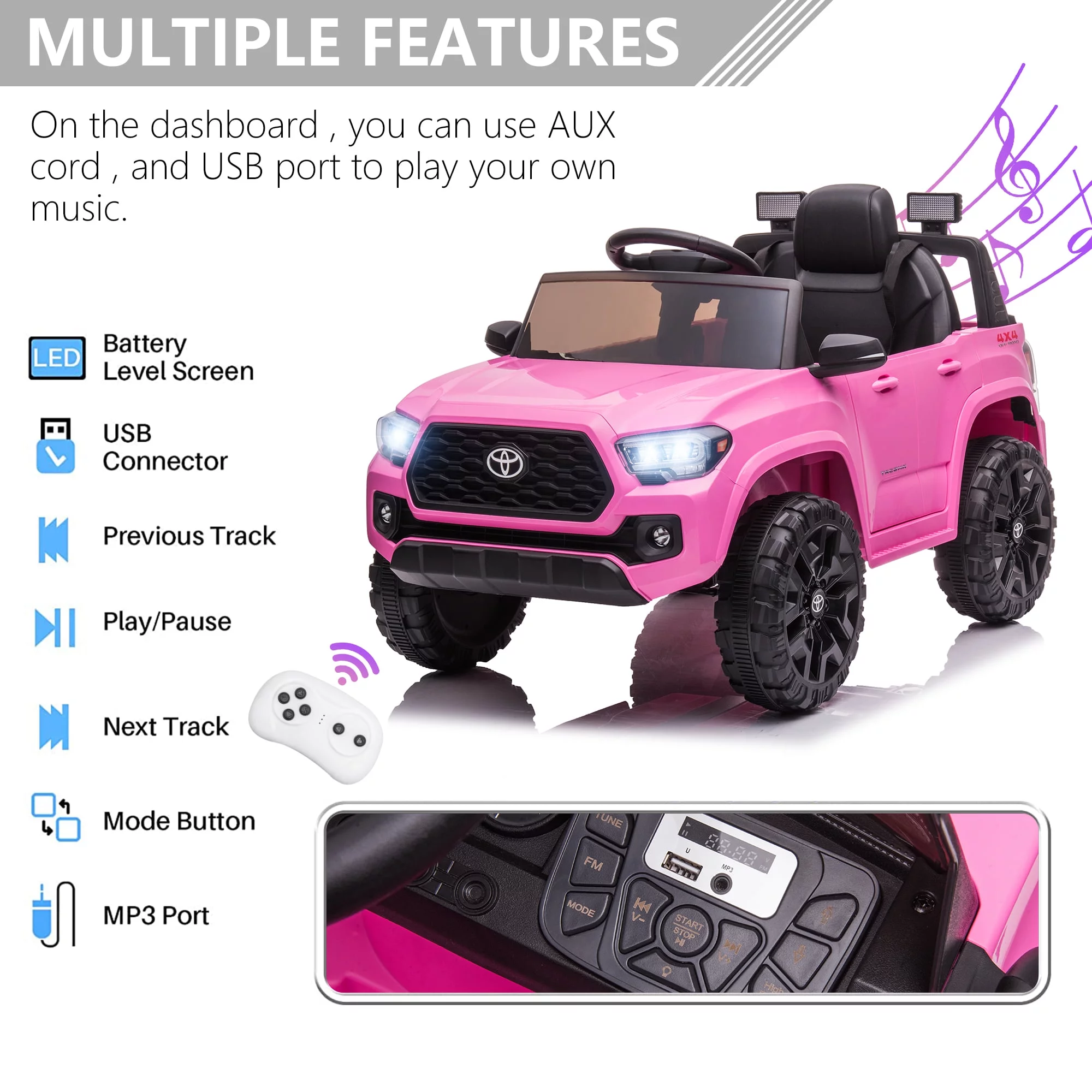 Licensed Toyota Tacoma Electric Ride on Vehicle for Kids, 12V Powered Ride on Car Toys with Remote Control, LED Lights, MP3 Player, Gray - Womvr
