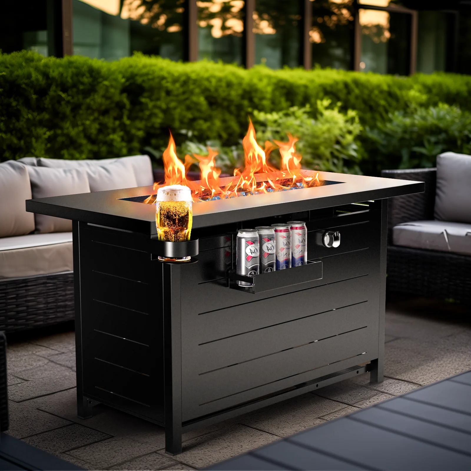 28 Inch Propane Fire Pits with Lid and Lava Rock, 50000 BTU Steel Gas Fire Pit Table for Outdoor - Womvr