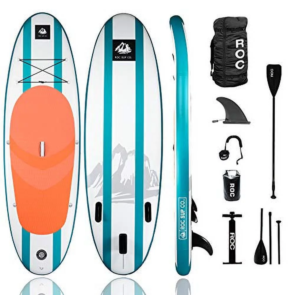 Roc Inflatable Stand Up Paddle Board with Premium sup Accessories & Backpack, Non-Slip Deck, Waterproof Bag, Leash, Paddle and Hand Pump. (Aqua) - Womvr