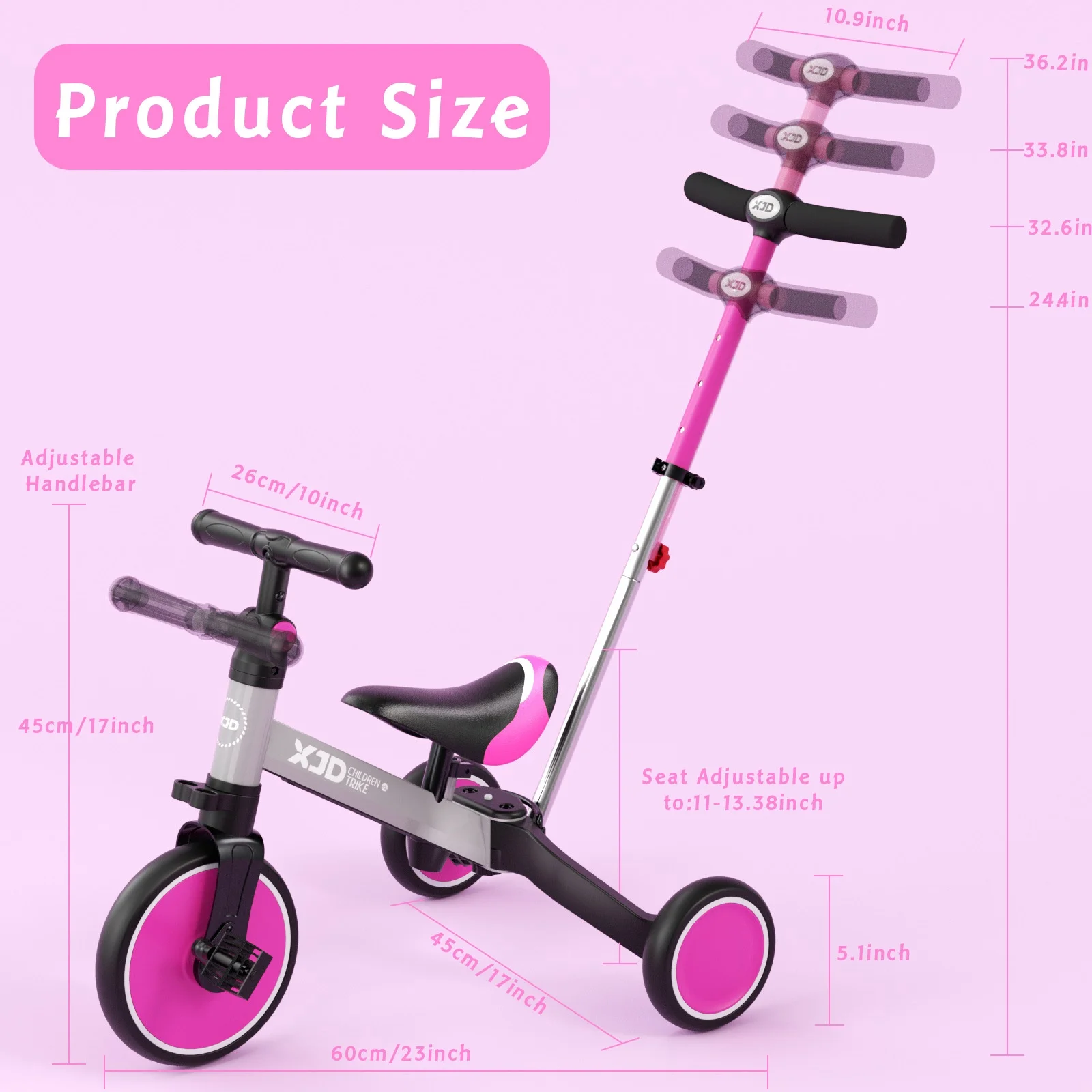 XJD 7 in 1 Toddler Tricycle with Push Handle,Toddler Bike for 1-3 Years Old Boy Girl, Toddler Push Tricycle, Baby Bike Balance Bike with Adjustable Seat Height and Removable Pedal - Womvr
