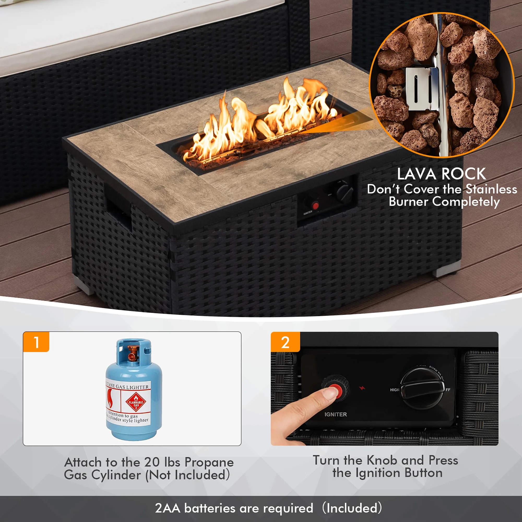 Gymax 32''x 20'' Propane Rattan Fire Pit Table Set w/ Side Table Tank & Cover 40,000 BTU - Womvr