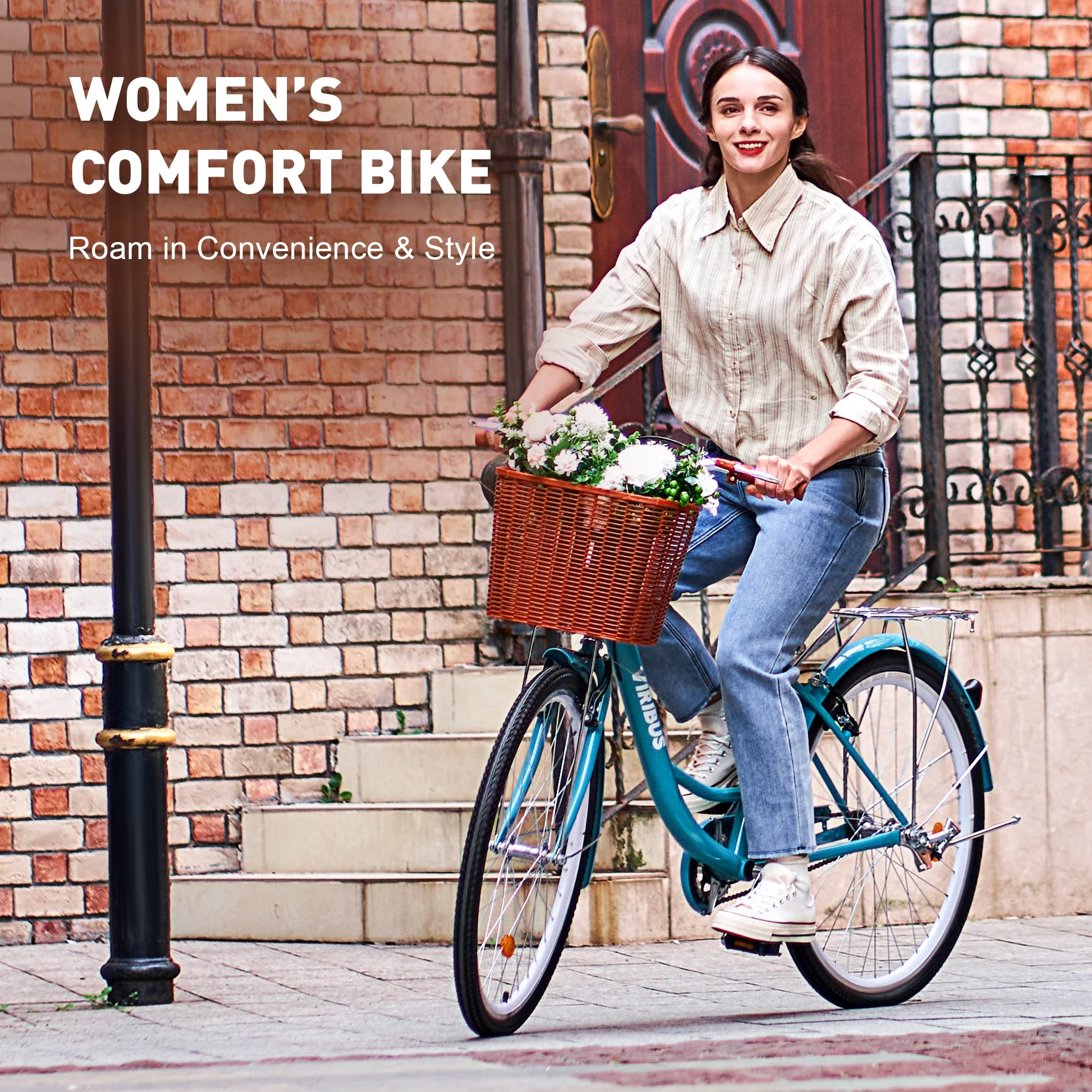 Viribus Women's Comfort Bike 26 Inch Beach & City Cruiser Bicycle with Basket Rack Teal - Womvr