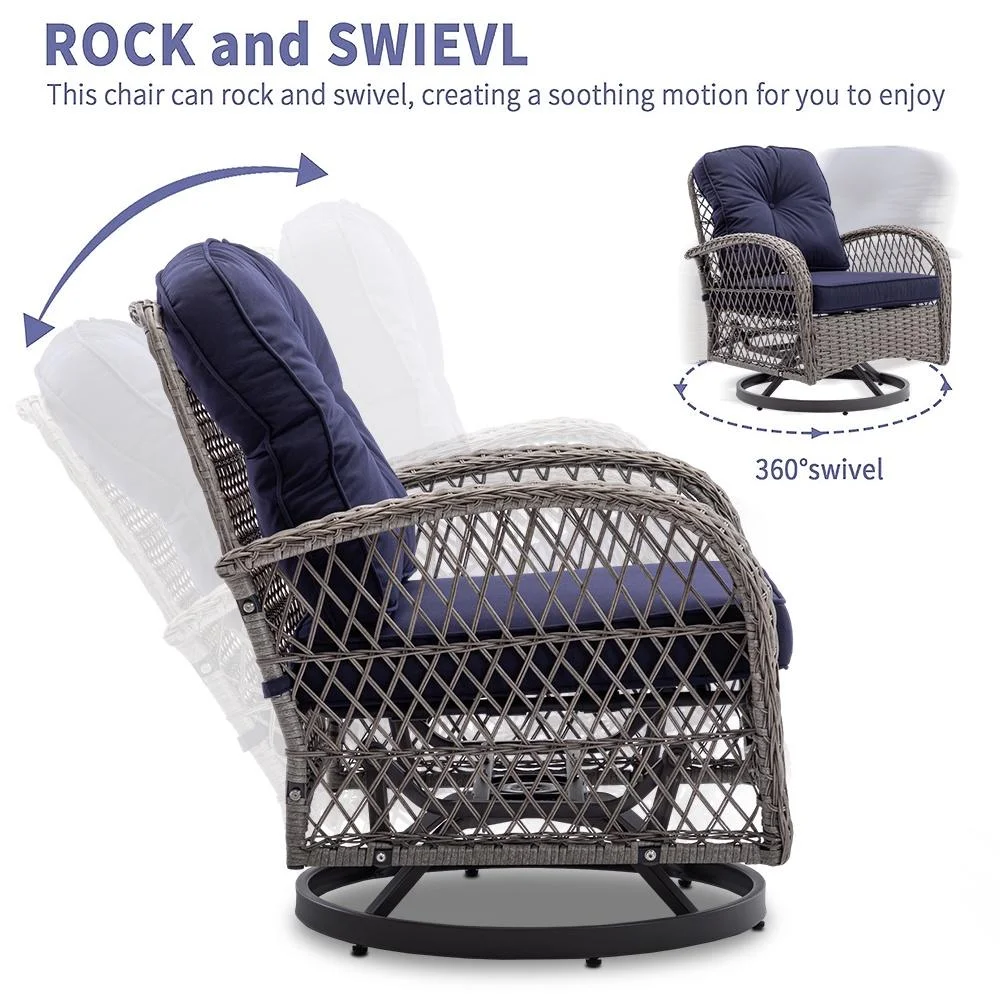 3 Piece Outdoor Bistro Swivel Chairs Set, Patio Bistro Set w/ 360° Swivel Rocking Chairs & Table, All-Weather Conversation Set with Metal Frame for Patio Backyard Porches or Garden - Khaki - Womvr