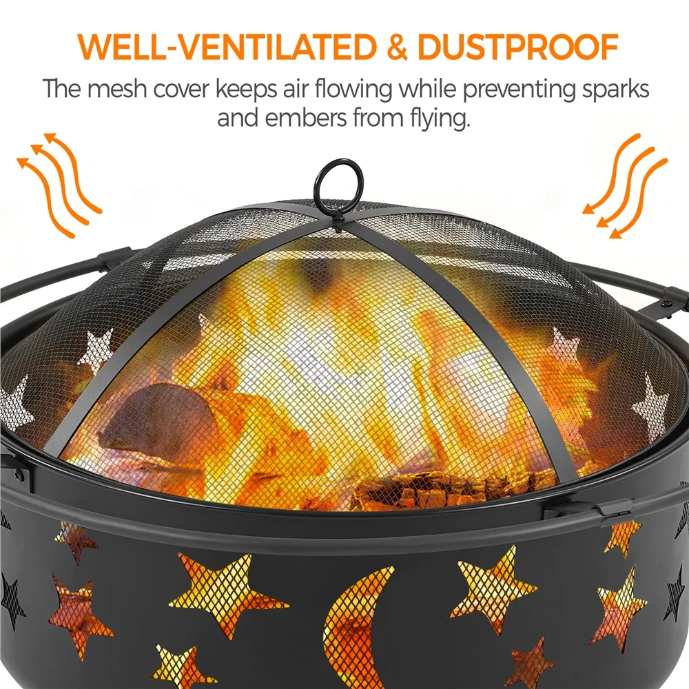 Alden Design Iron Fire Pit with Poker Mesh Cover for BBQ Backyard Patio, Black - Womvr