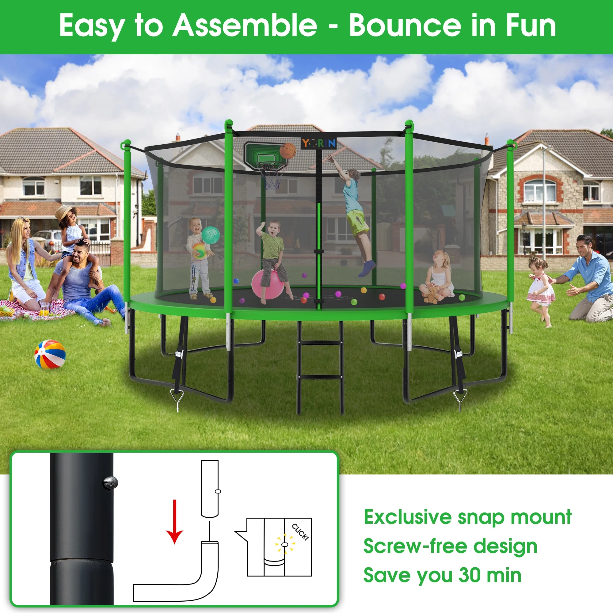 YORIN 1200LBS 12FT 14FT 15FT Trampoline for Kids Adults, Trampoline with Safety Enclosure Net, Basketball Hoop and Ladder, Outdoor Heavy-Duty Trampoline - Womvr