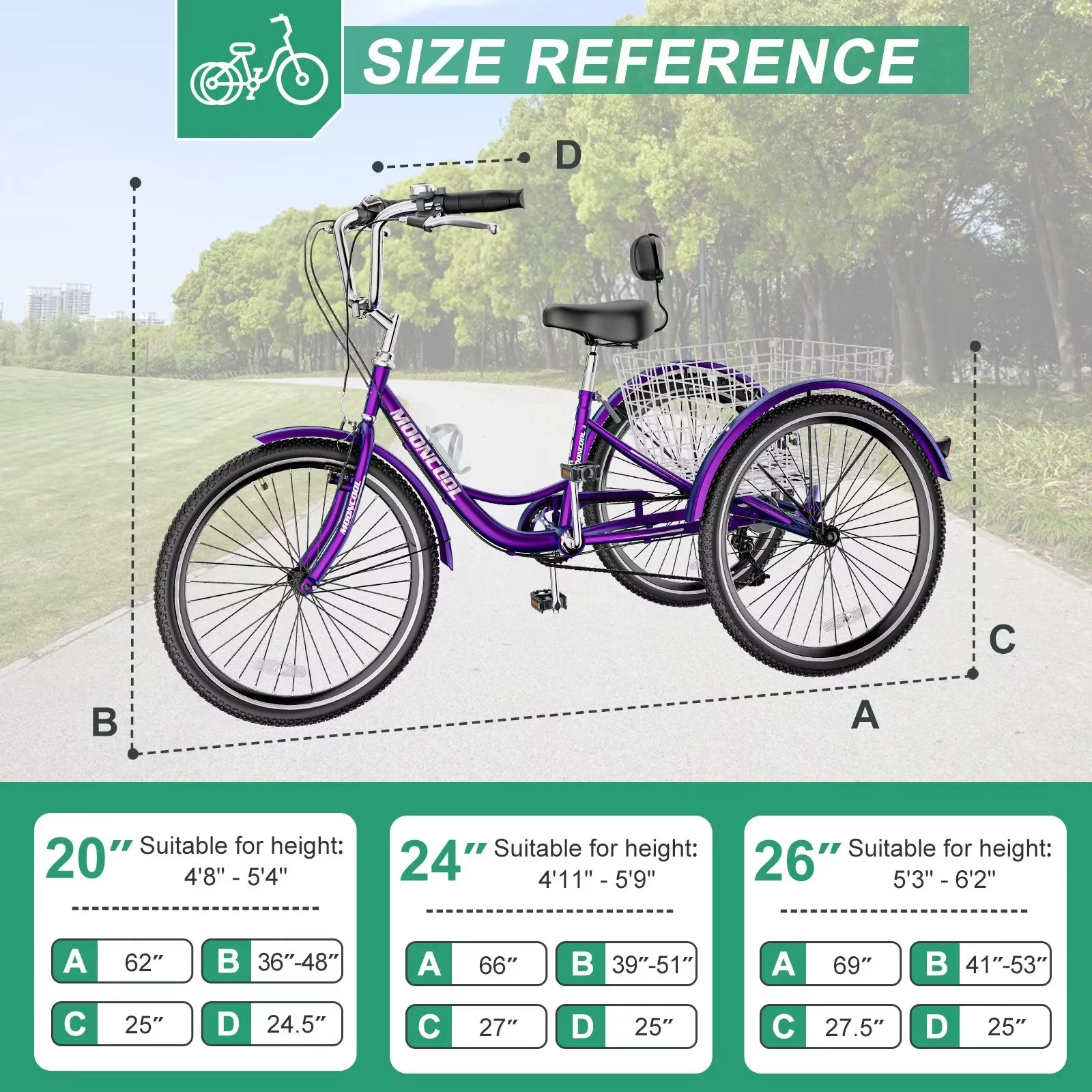 MOPHOTO Adult Tricycle for Seniors (Cyan, 26inch /7-Speed), Low Frame Three Wheel Bikes with Large Basket & Bell, 3 Wheel Cargo Bicycle, Safe and Durable Trike - Womvr