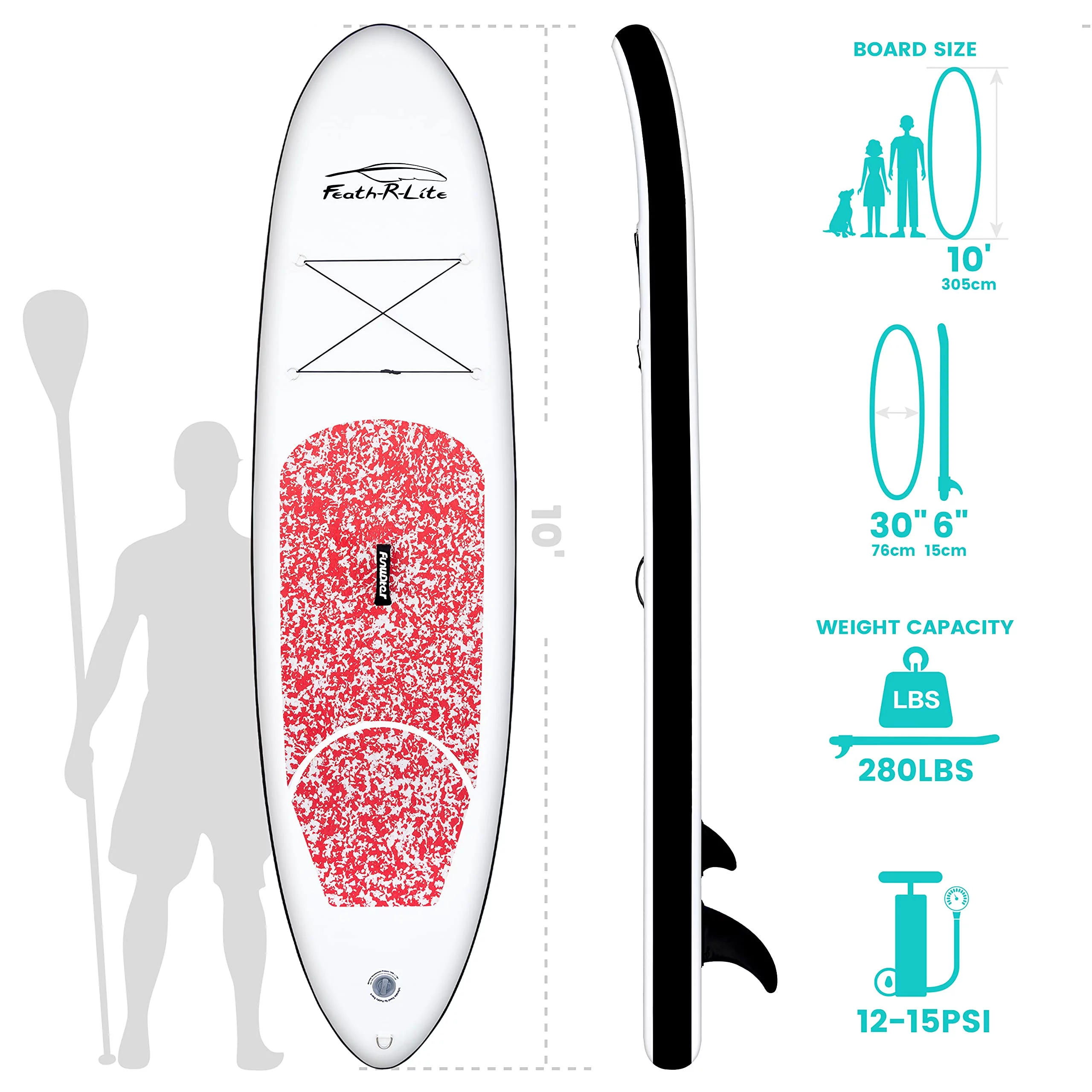 Feath-R-lite Inflatable Stand Up Paddle Board, SUP Red Camo Pattern Paddle Board 10'x30''x6'' (LxWxH),Adjustable Aluminum Paddle and Grey Back Hand Pump,Fins, Unisex - Womvr