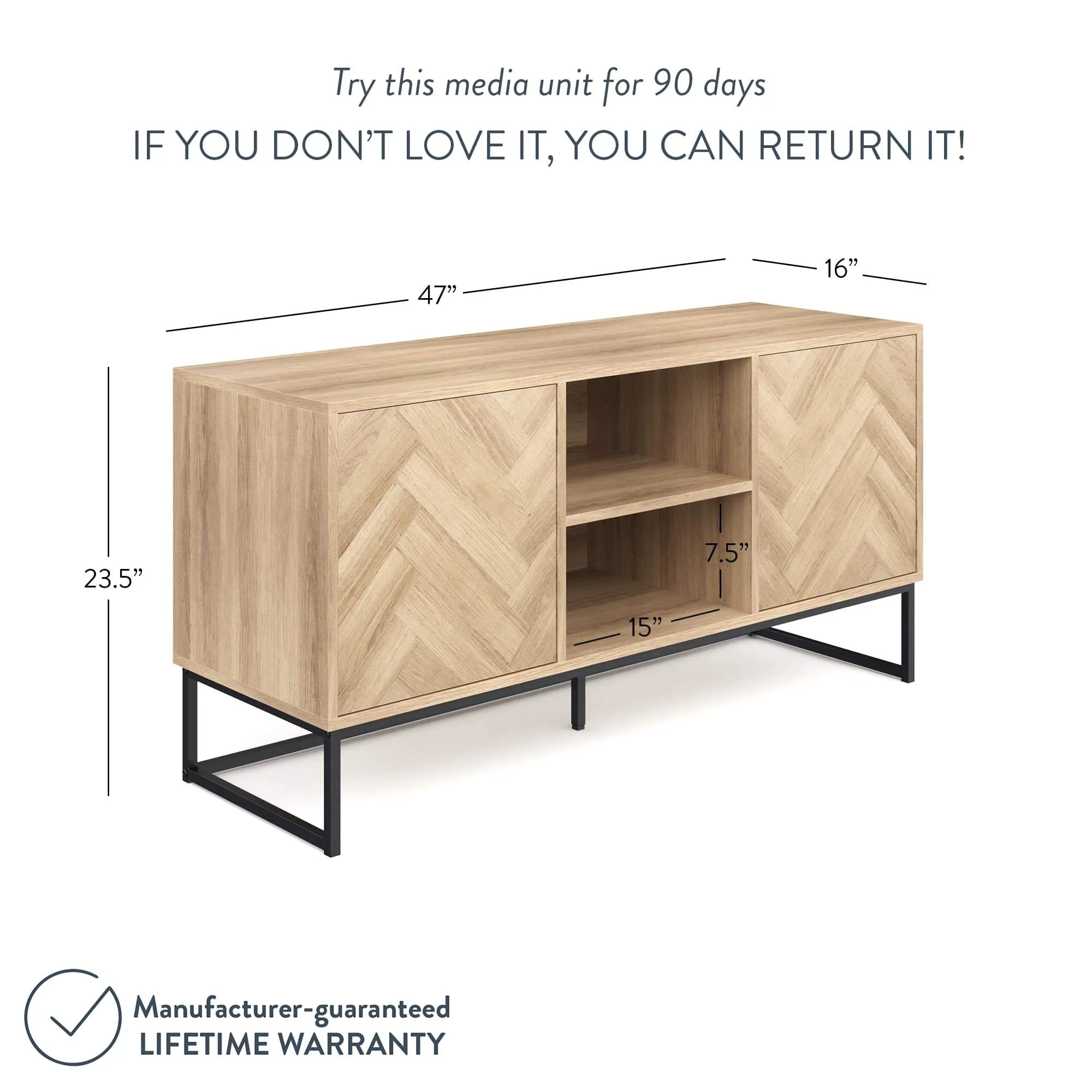 Nathan James Dylan Media Console Cabinet TV Stand with Hidden Storage Herringbone Pattern Wood Metal, Gray/Black - Womvr