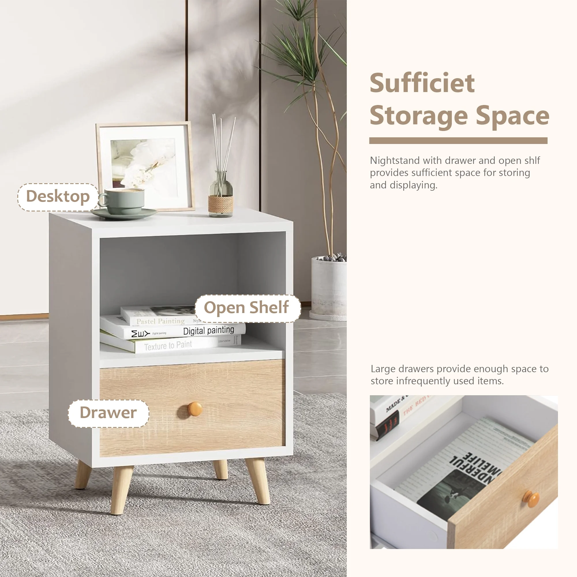 JAXPETY Nightstands Set of 2, Night Stand with 1 Drawer and Open Shelf Storage, End Table, Side Table, for Bedroom, Living Room, Natural Wood & White - Womvr