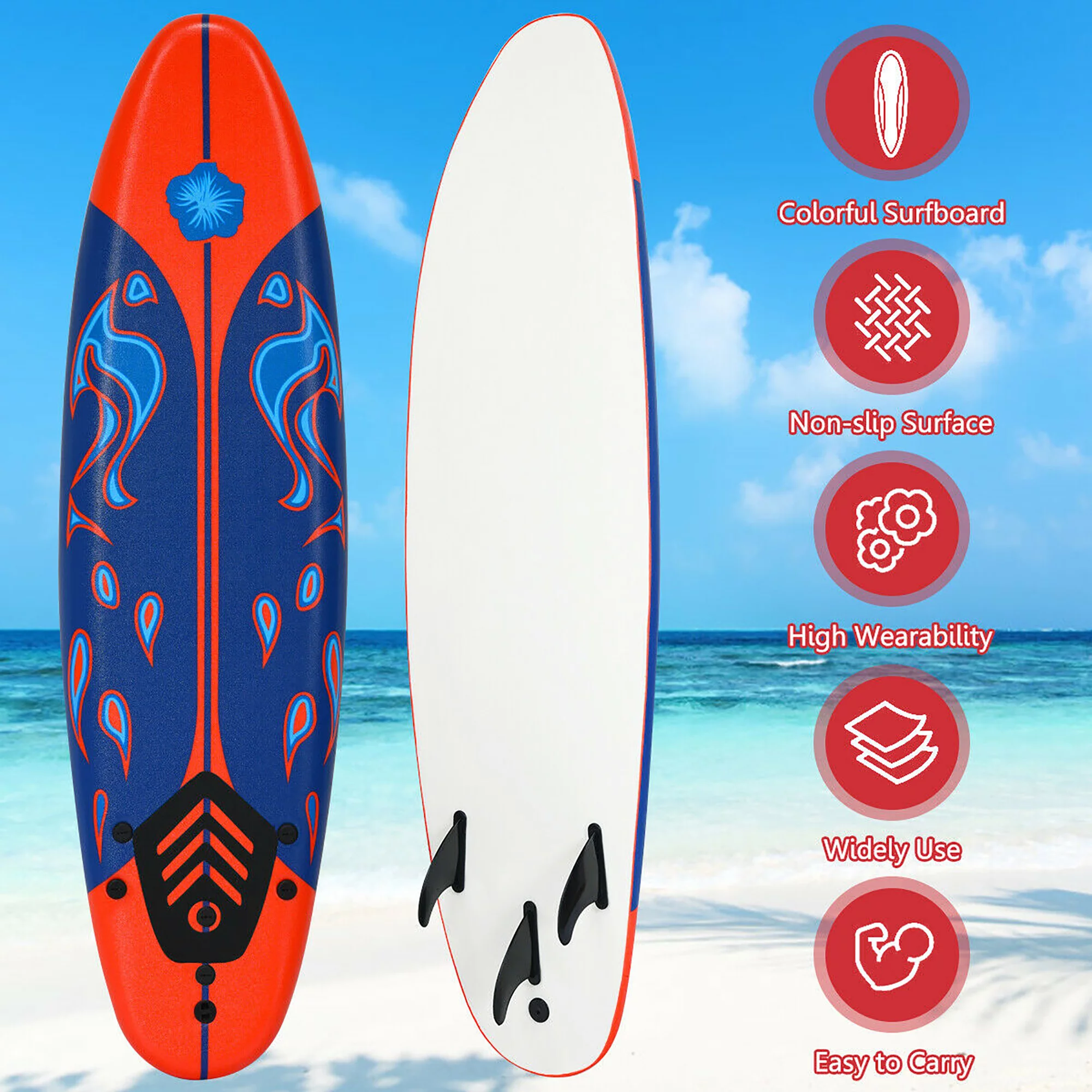 Costway 6' Surfboard Foamie Body Surfing Board W/3  Fins & Leash for Kids Adults Red - Womvr