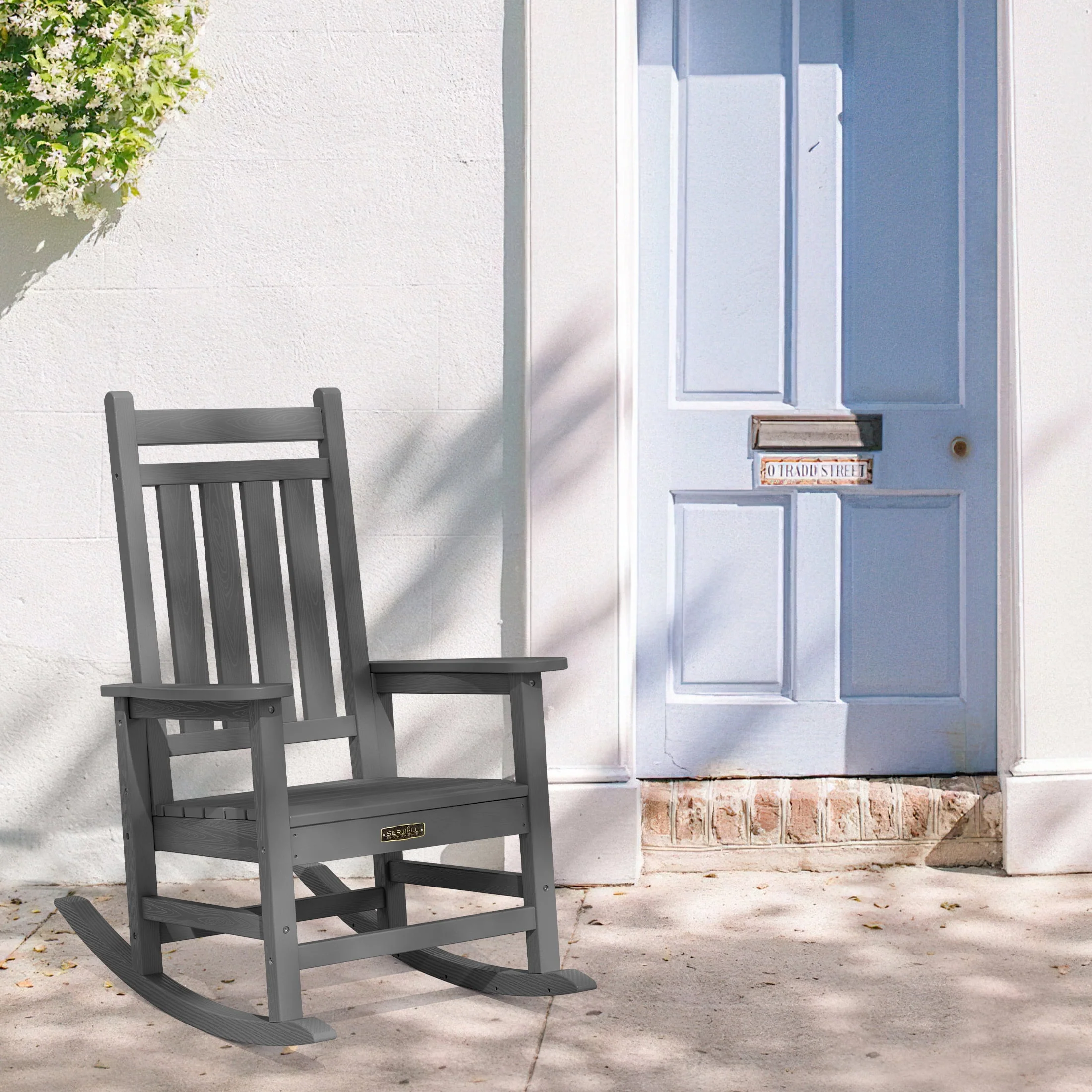 SERWALL Outdoor Oversized Slat Rocking Chair, HDPE Plastic Porch Rocker, Gray - Womvr