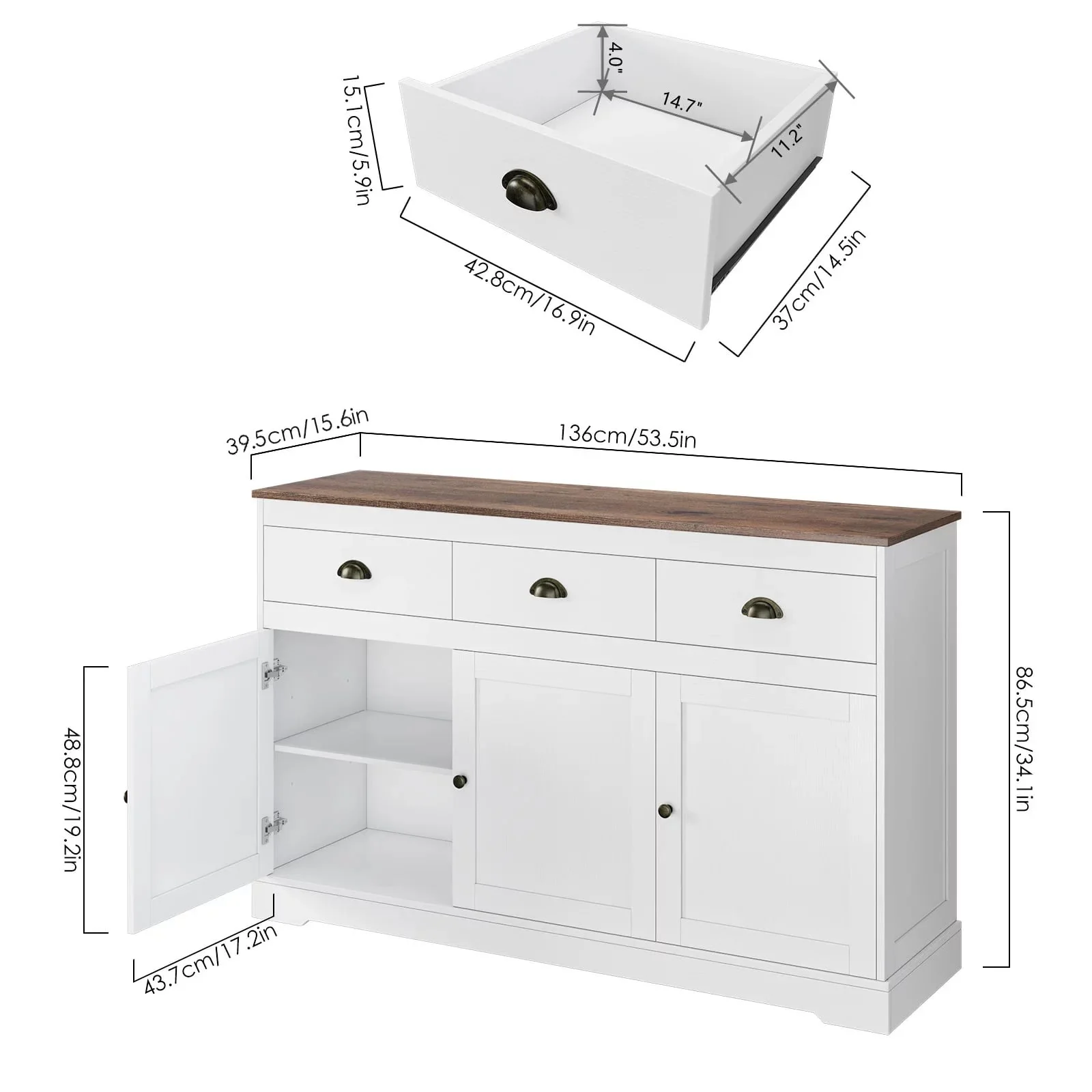 Homfa Sideboard Storage Cabinet with 3 Drawers & 3 Doors, 53.54'' Wide Buffet Cabinet for Dining Room, White - Womvr