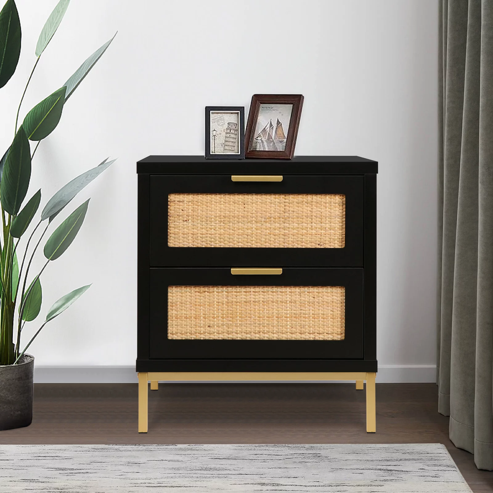 Eumyviv Modern Farmhouse Nightstands with 2 Rattan Drawer,Wood Bedside Table Storage Cabinet for Bedroom, Living Room,Natural Oak H0021 - Womvr