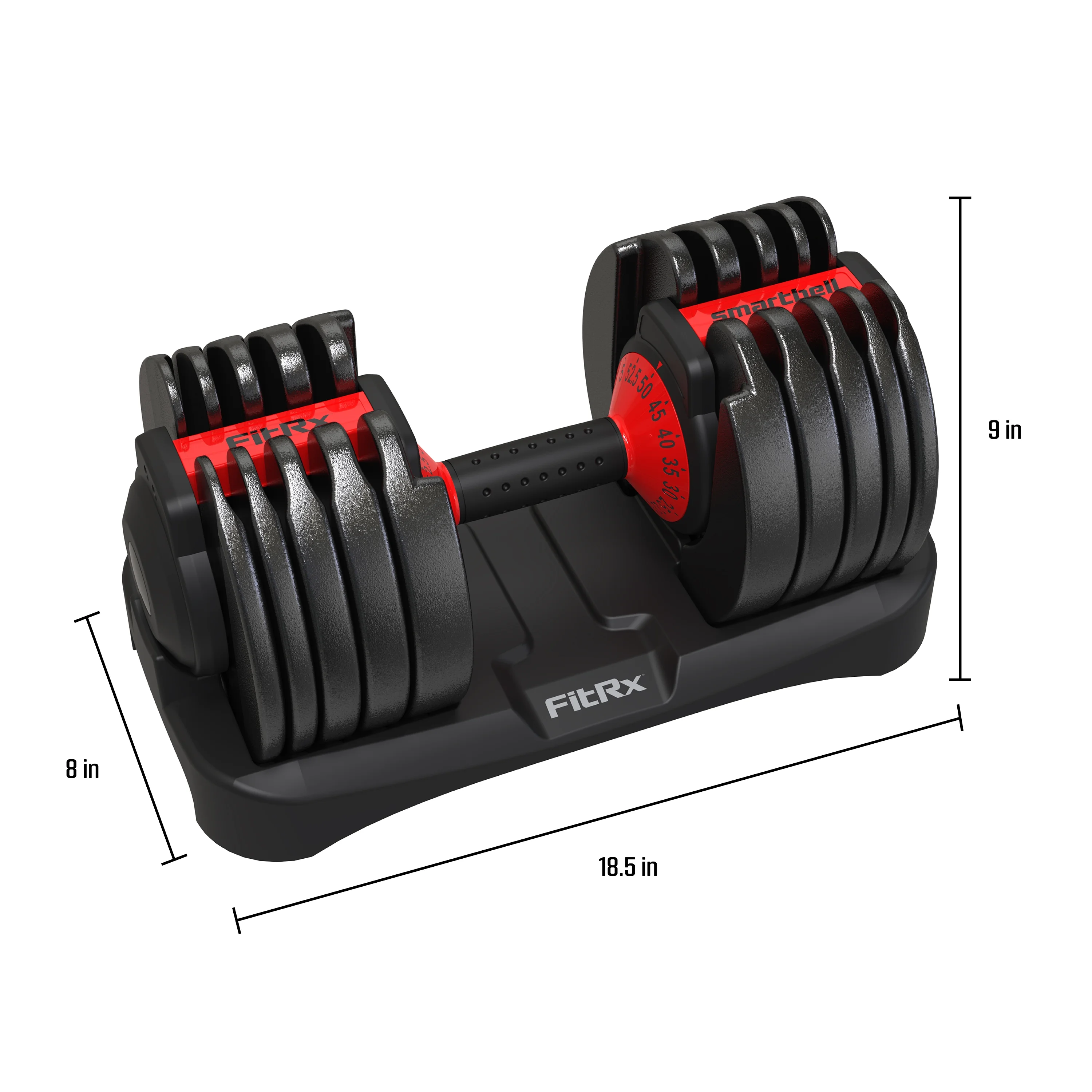 FitRx SmartBell, Quick-Select Adjustable Dumbbell, 5-52.5 lbs. Weight, Black, Single - Womvr
