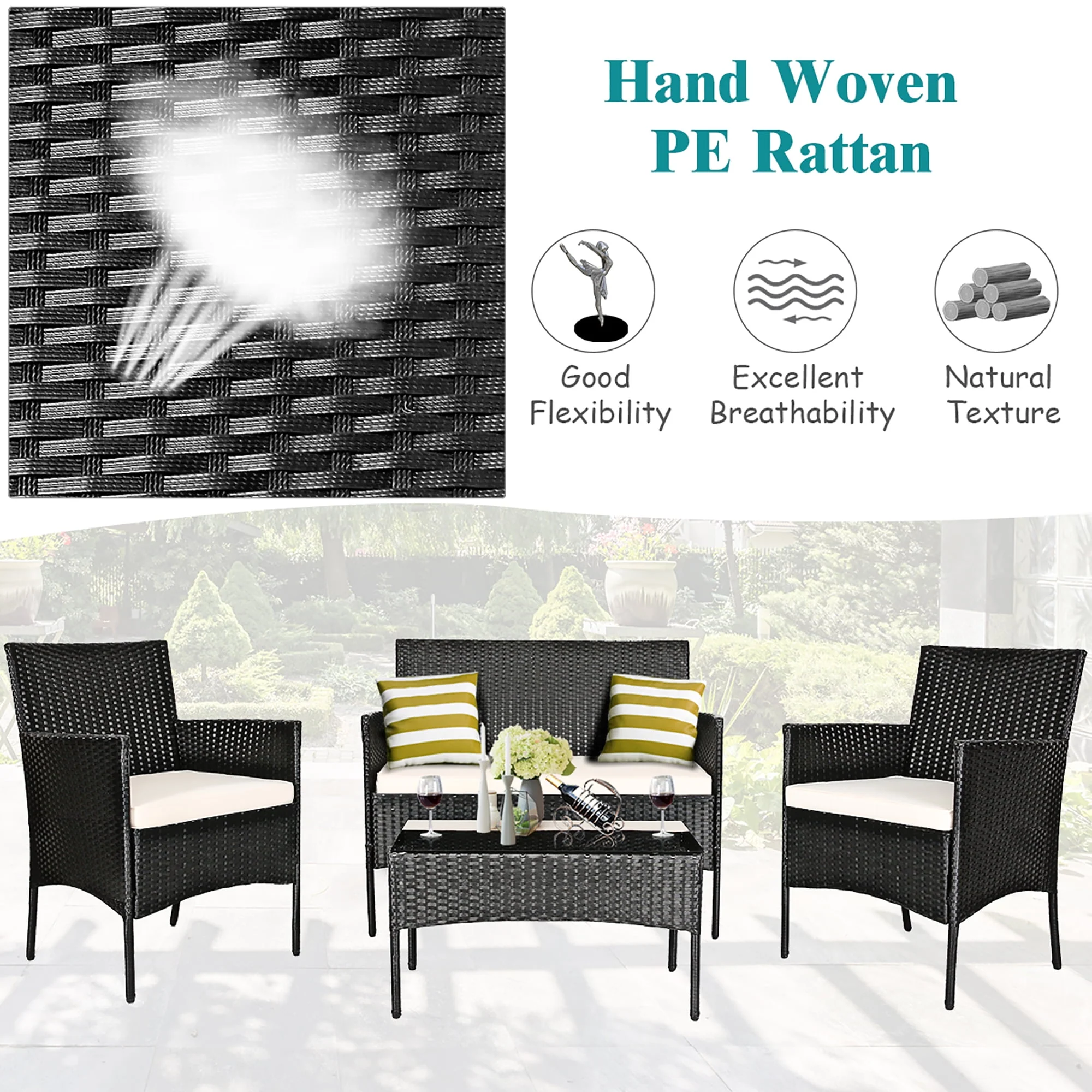 Costway 4PCS Patio Furniture Set Rattan Wicker Conversation Set Outdoor - Womvr