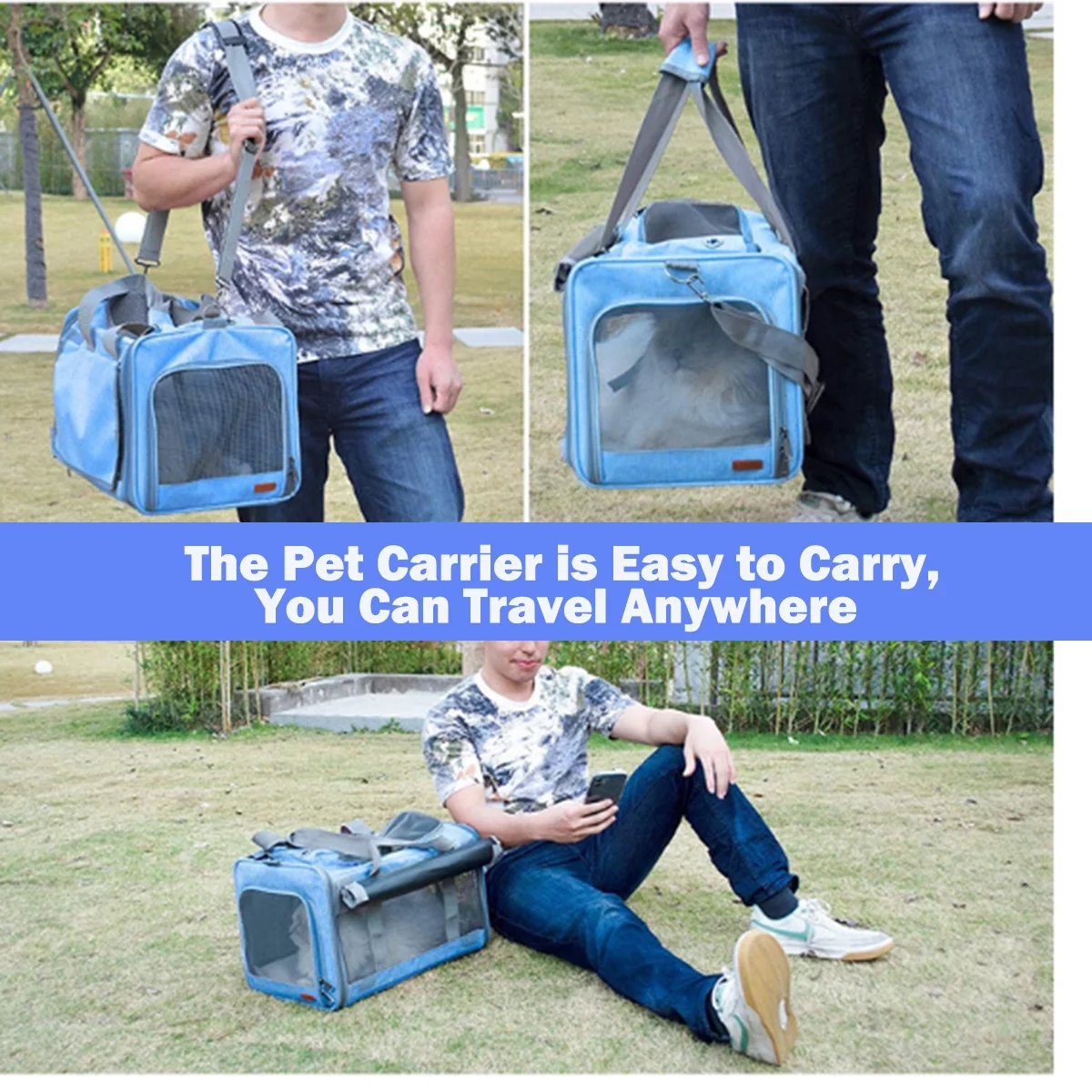 Cat Carrier, Soft Sided Cat Carriers for Large Small Medium Dogs Cats Under 25lbs, Foldable Pet Travel Carrier with a Bowl/Washable Pad, TSA Airline Approved, Blue - Womvr