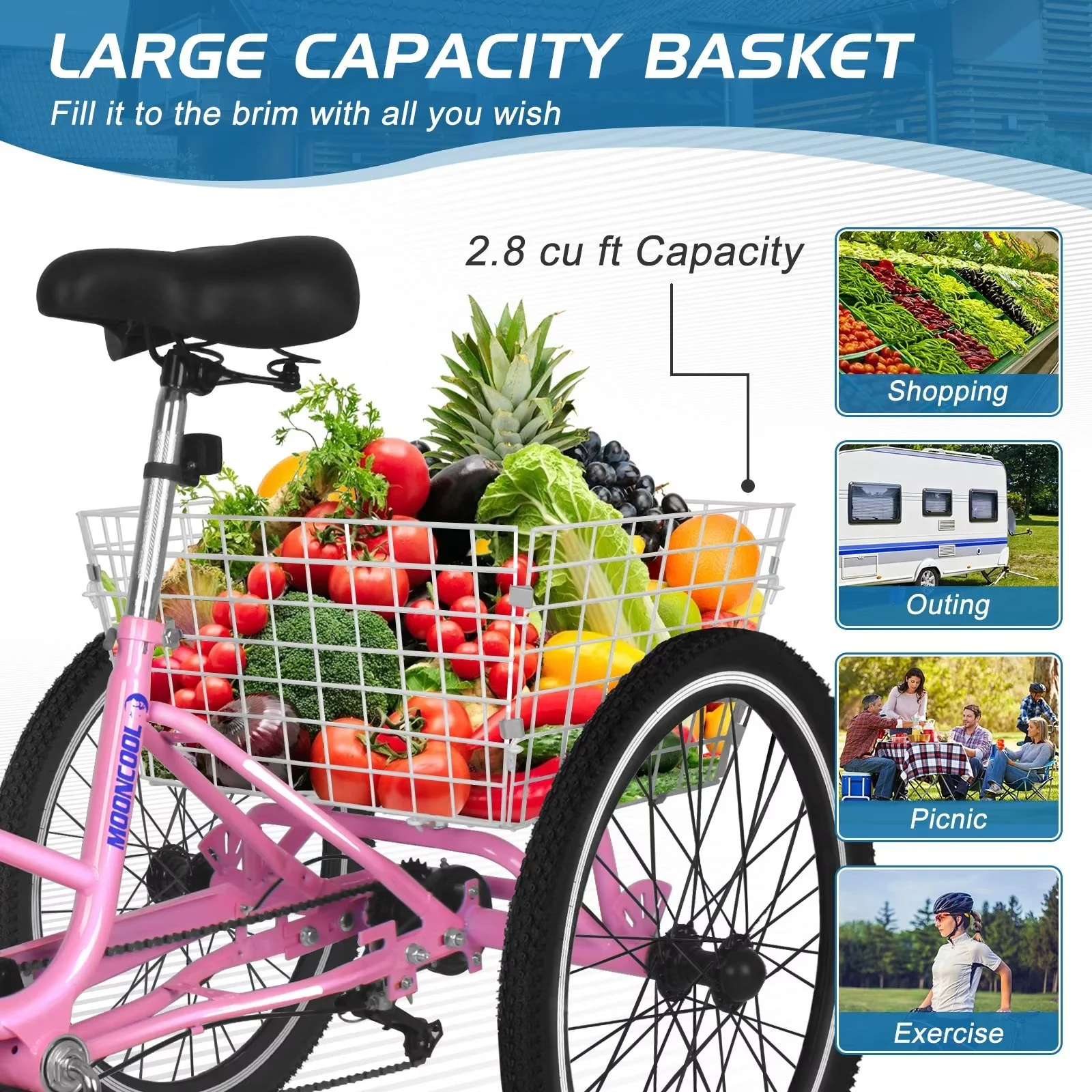 MOPHOTO 20/24/26 inch Adult Tricycle Folding 3 Wheel Cruiser Bikes 7 Speed, Portable and Foldable Trikes with Cargo Basket for Men & Women Outdoor Cycling, Purple - Womvr
