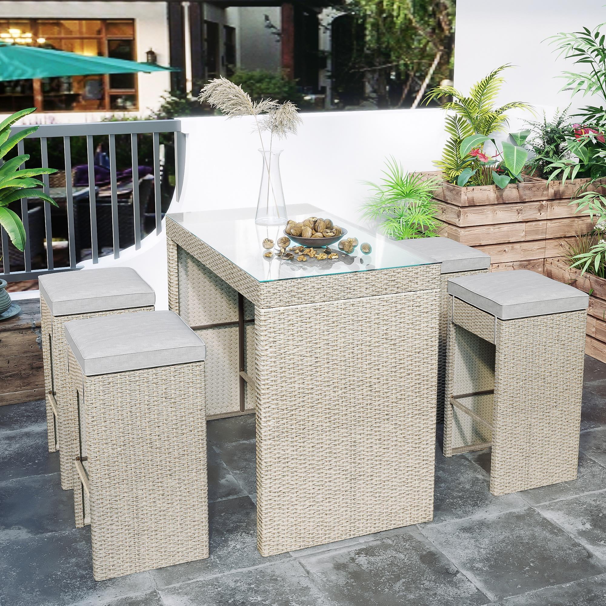 SESSLIFE 5 Piece Outdoor Rattan Dining Set with Storage Shelf, Patio Bar Table and 4 Stools Set, Modern Gray Wicker Outdoor Furniture Sets - Womvr