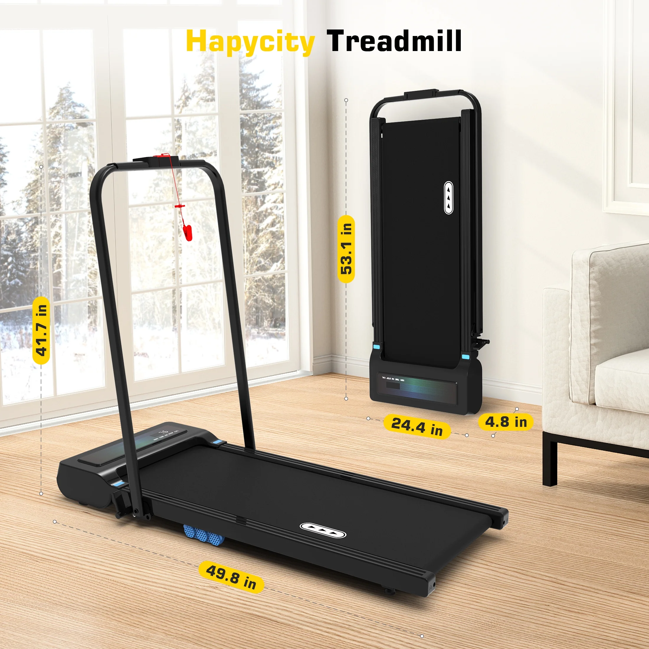 Hapycity 2 in 1 Under Desk Folding Treadmills Walking Running Machine 7.6MPH for Home Office Black - Womvr