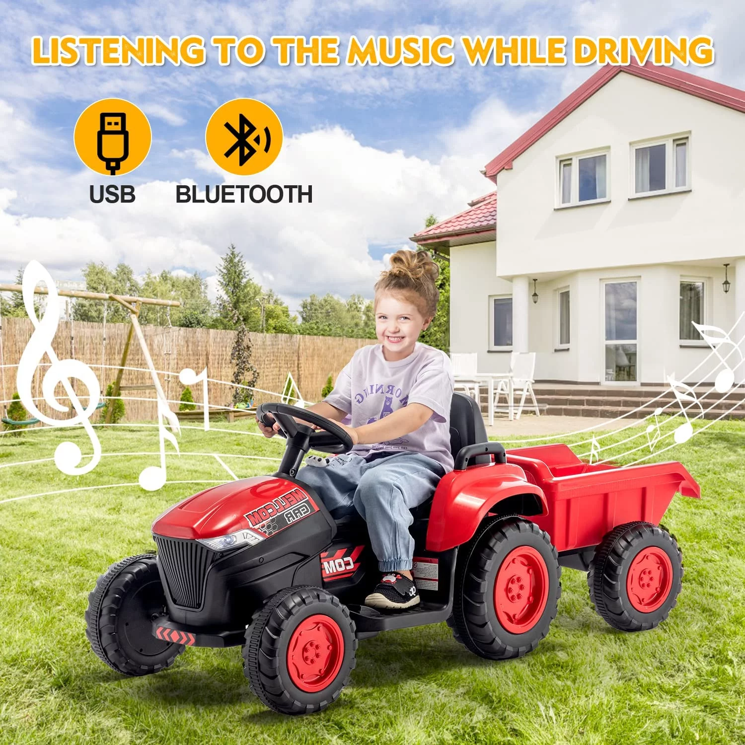 Erommy Kids Ride on Tractor with Remote Control, 12V Battery Powered Electric Tractor with 30W Dual Motors/Cool Lights/Bluetooth Music for Kids, Green - Womvr