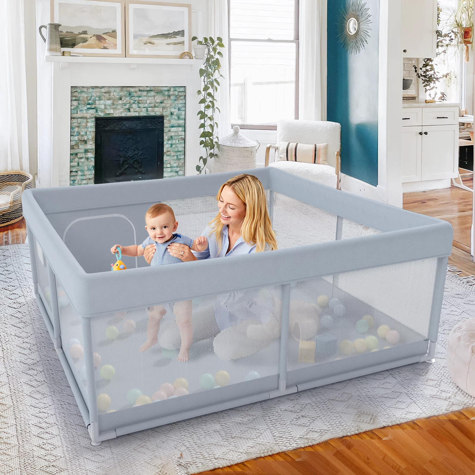 Pkinoicy 47x47inch Play Pen with Mat for Babies and Toddlers, Playpen with Mat, Baby Playpen with Mat, mall Baby Playpen with Mat - Womvr