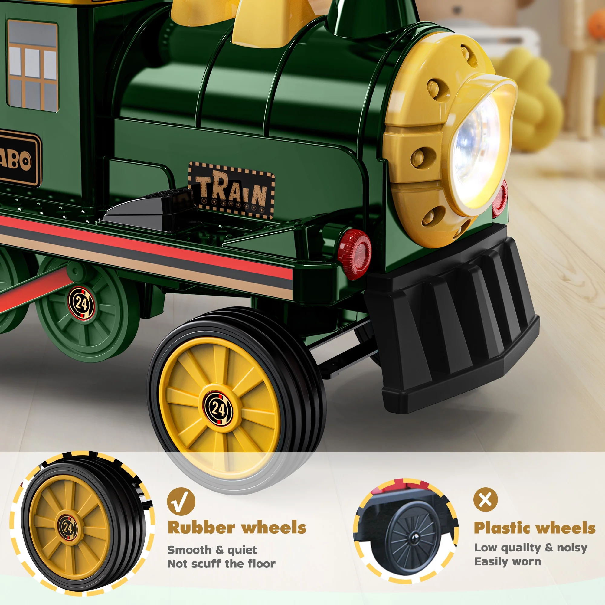 TOKTOO 12Volt 2 Seater Kids Ride on Train W/ Rubber Wheels, Storage Box, LED Headlight, Music Player-Black Red - Womvr