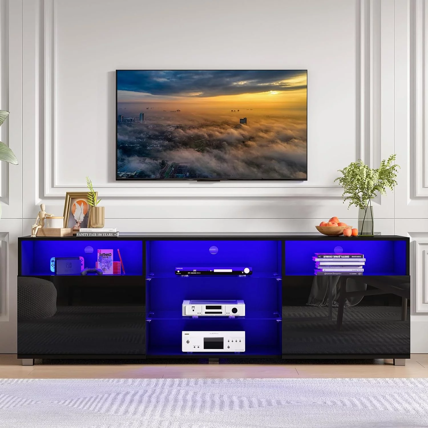 ChVans LED TV Stand for 65/70inch, High Glass Modern Entertainment Center with LED Lights and Glossy Cabinets(Black-65