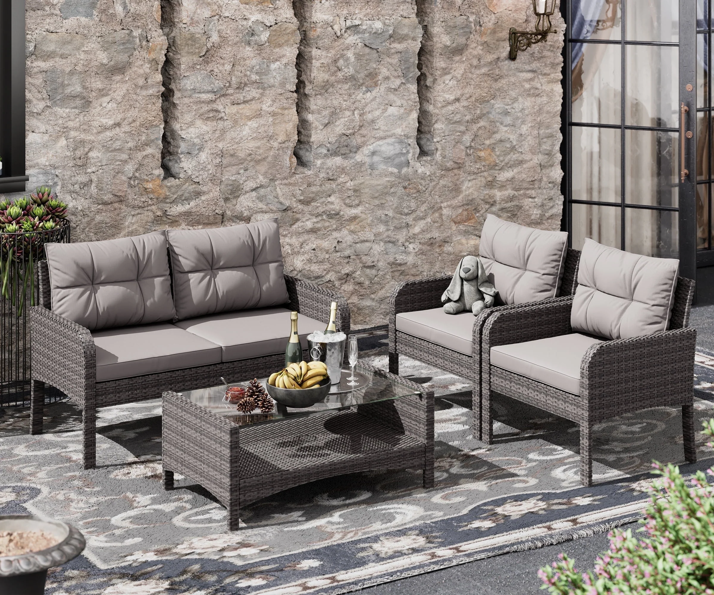 Bifanuo 4-Piece Patio Furniture Set Outdoor Rattan Wicker Sofa Set with Cushions & Coffee Table, Conversation Sofa Set with Tempered Glass Table Top - Womvr