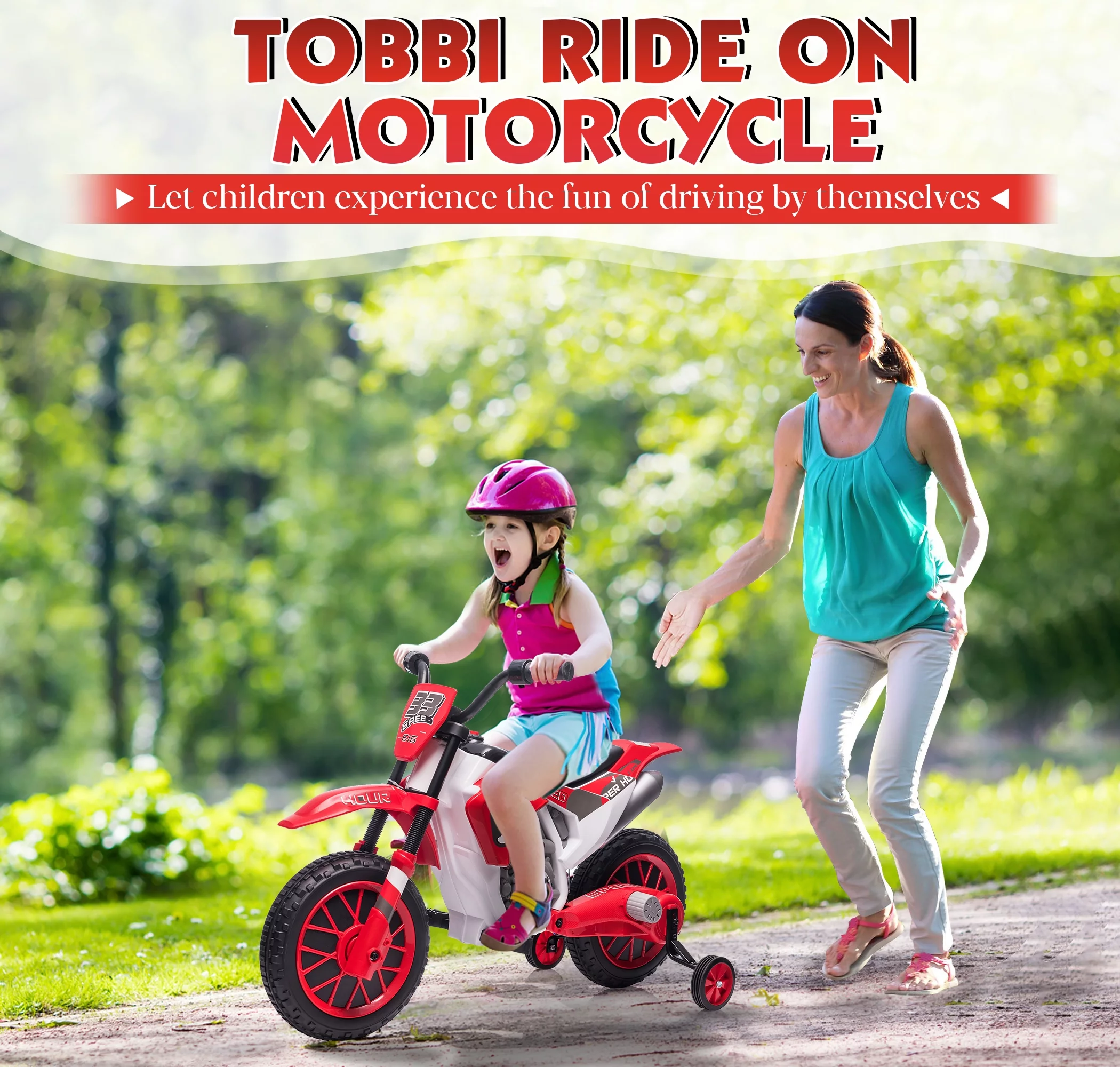 TOBBI 12V Kids Motorcycle off- Road Ride on Dirt Bike W/ Training Wheels, Age 3-8 Toddlers, Green - Womvr